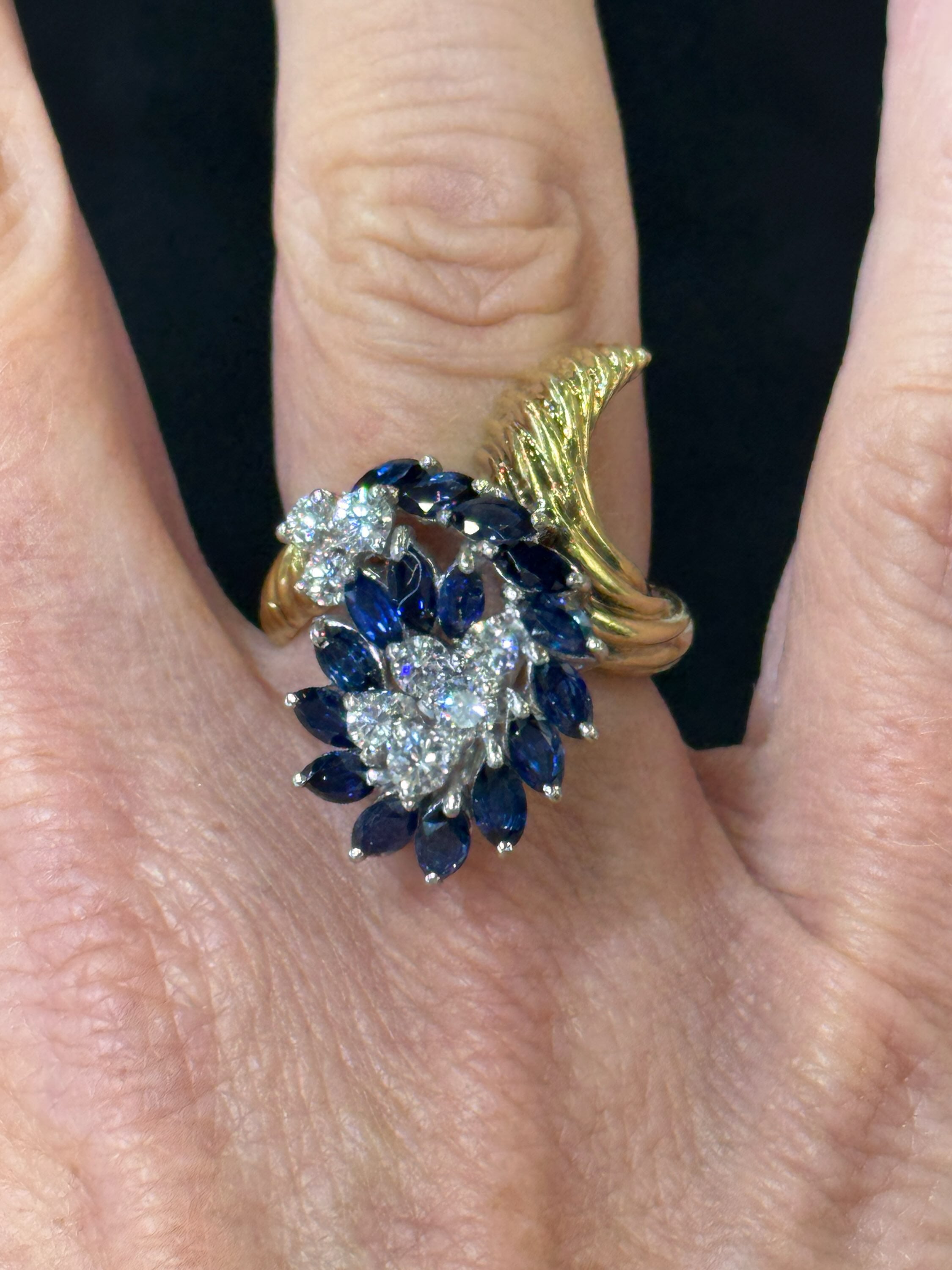 Estate 1970's Ring, 8 Round Brilliant Cut Diamond 1.20 cttw G-H VS1-VS2 and 1.70 cttw Marquise Cut Sapphire, 14K White/Yellow Gold 10.63g. Size 6.5