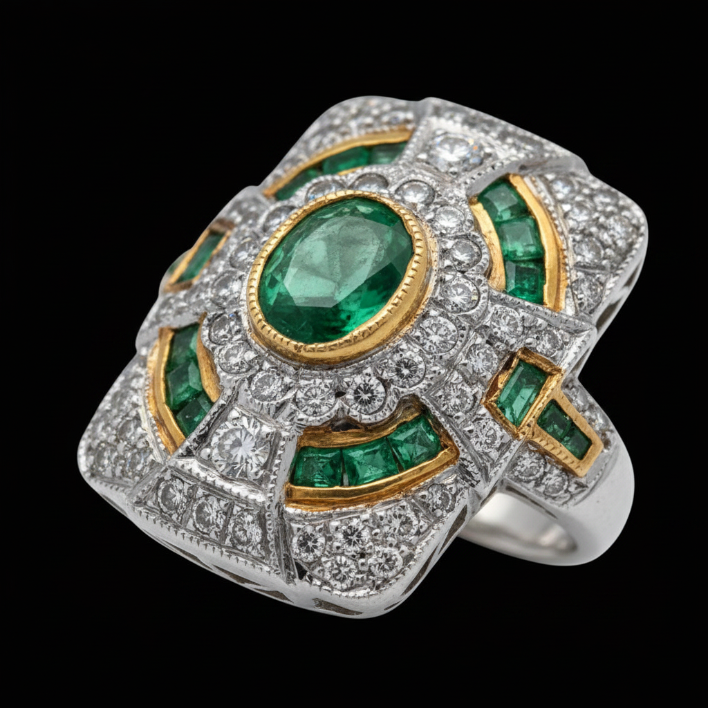 Vintage Ring RBC Diamond 0.71cttw  G/H Emerald  OVAL/PC 1.93cttw  18KT YG 9.80g ,All Weights Estimated