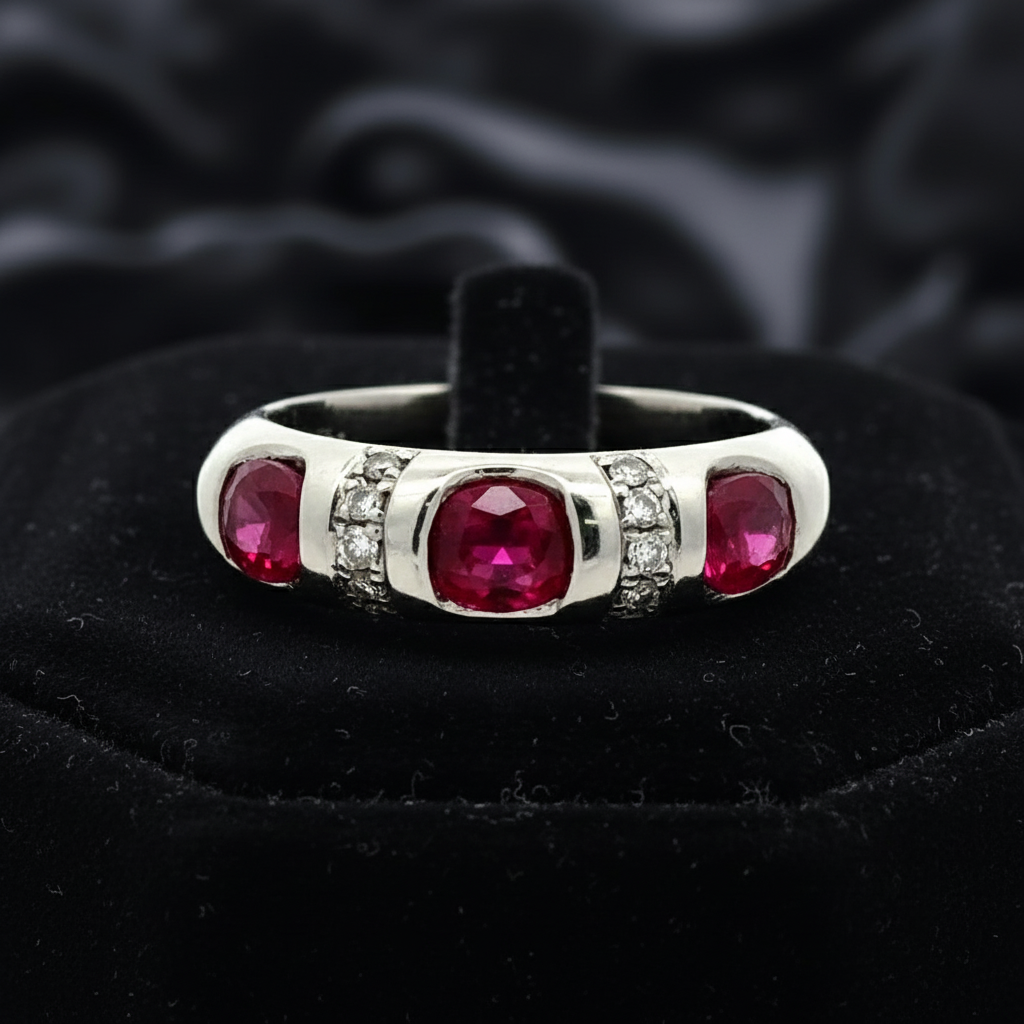 Estate Ring, 10 Round Brilliant Cut Diamond 0.10 ct  I-J SI1-SI2,3 Ruby Oval 1.25 ct  Platinum 6.42g