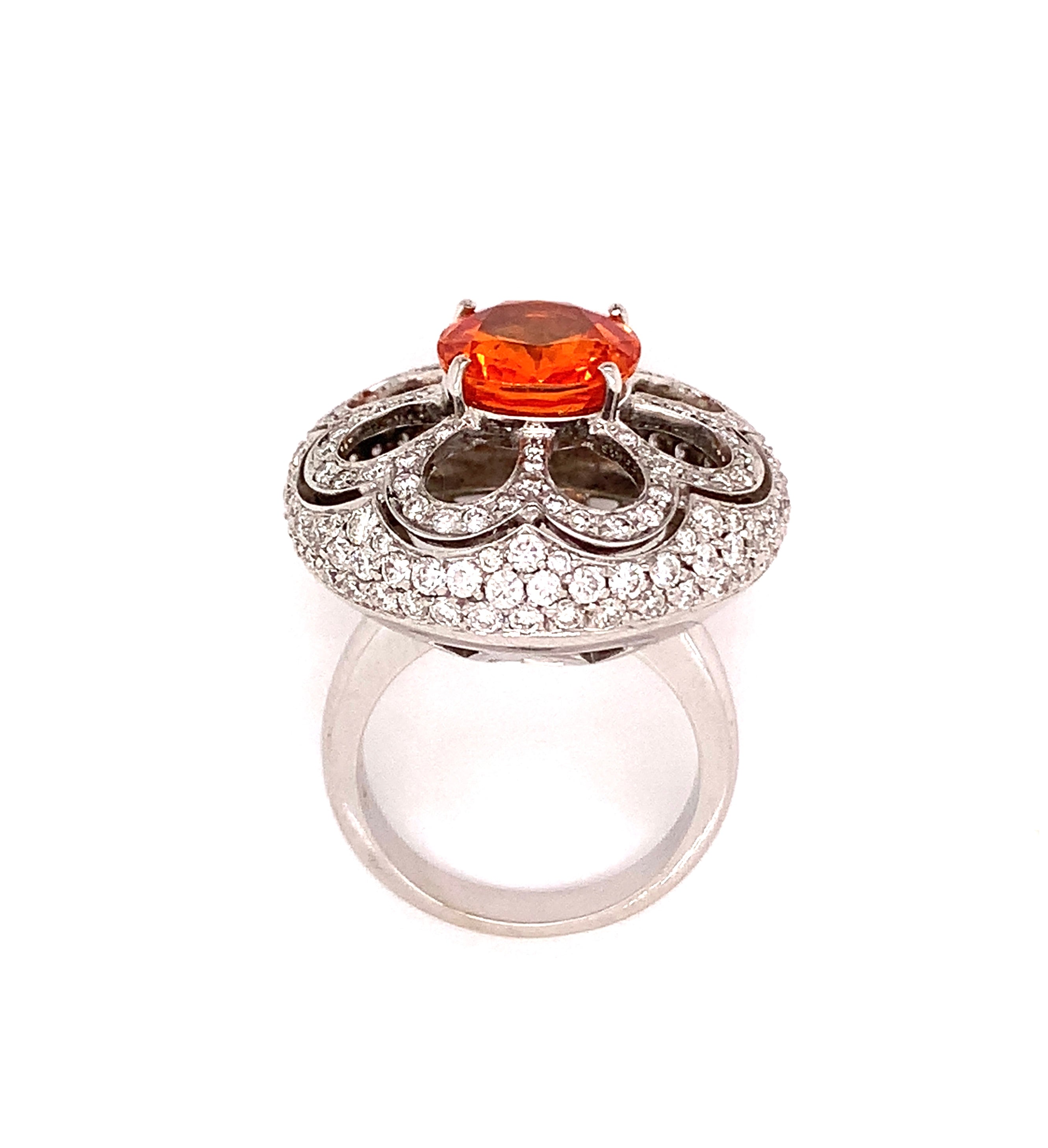Zydo Ring, 1 Round Orange Sapphire 5.10 cttw, Round Diamond 2.45 cttw, 18K White Gold 16.00g