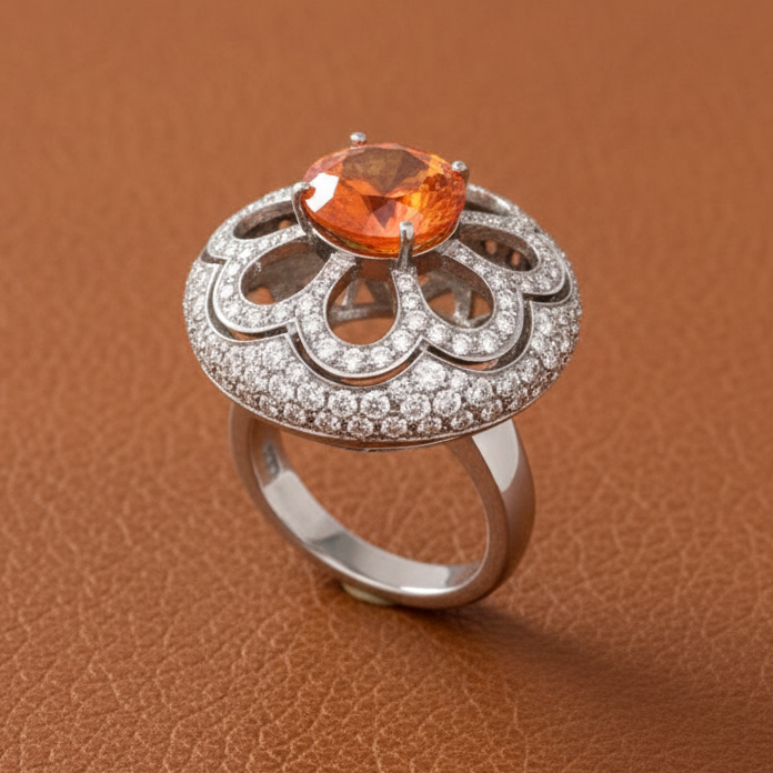 Zydo Ring, 1 Round Orange Sapphire 5.10 cttw, Round Diamond 2.45 cttw, 18K White Gold 16.00g