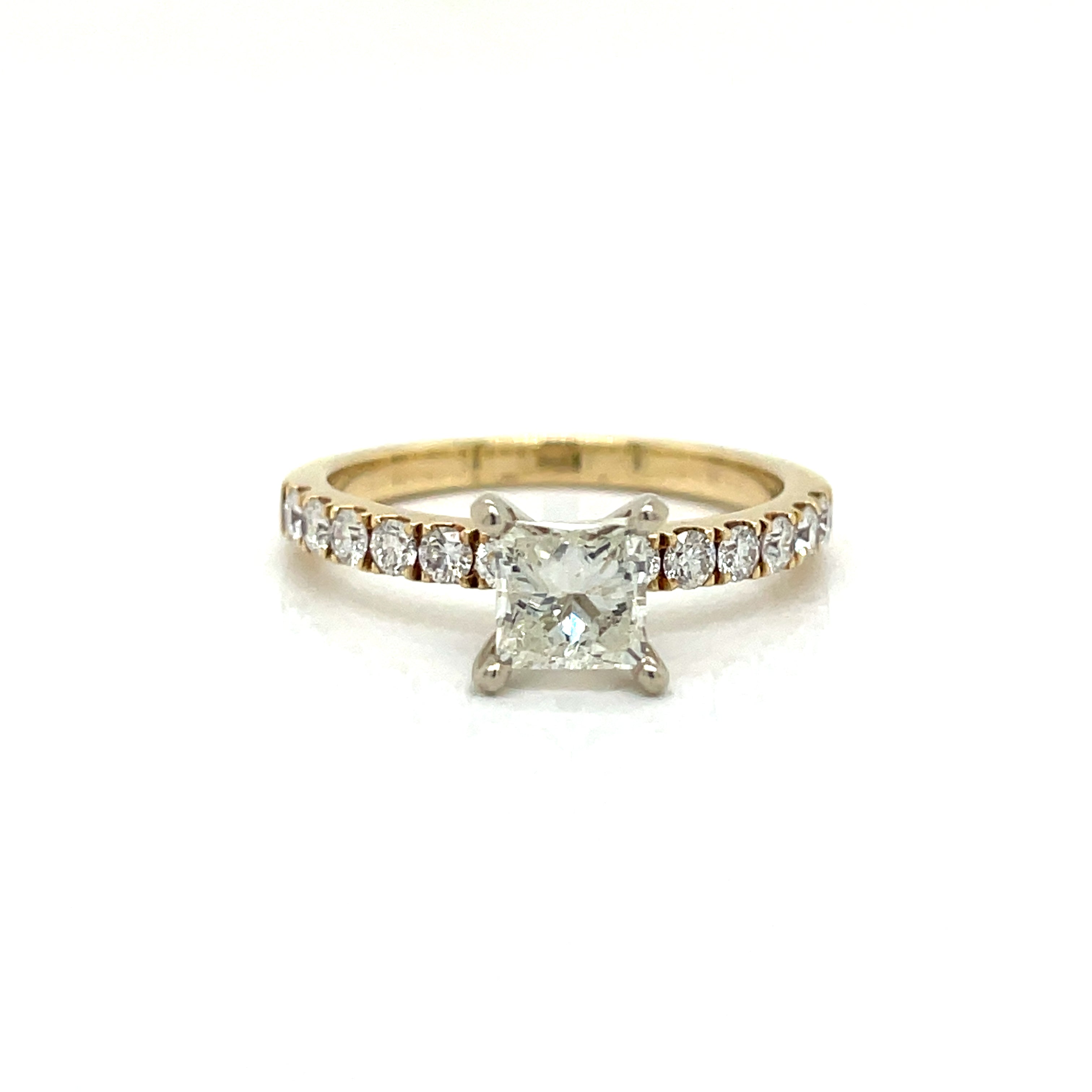 Venetti Ring, 1 Princess Cut Diamond 0.69 ct I-J SI2, 12 Round Diamond 0.39 cttw, 14K Yellow Gold 2.75g