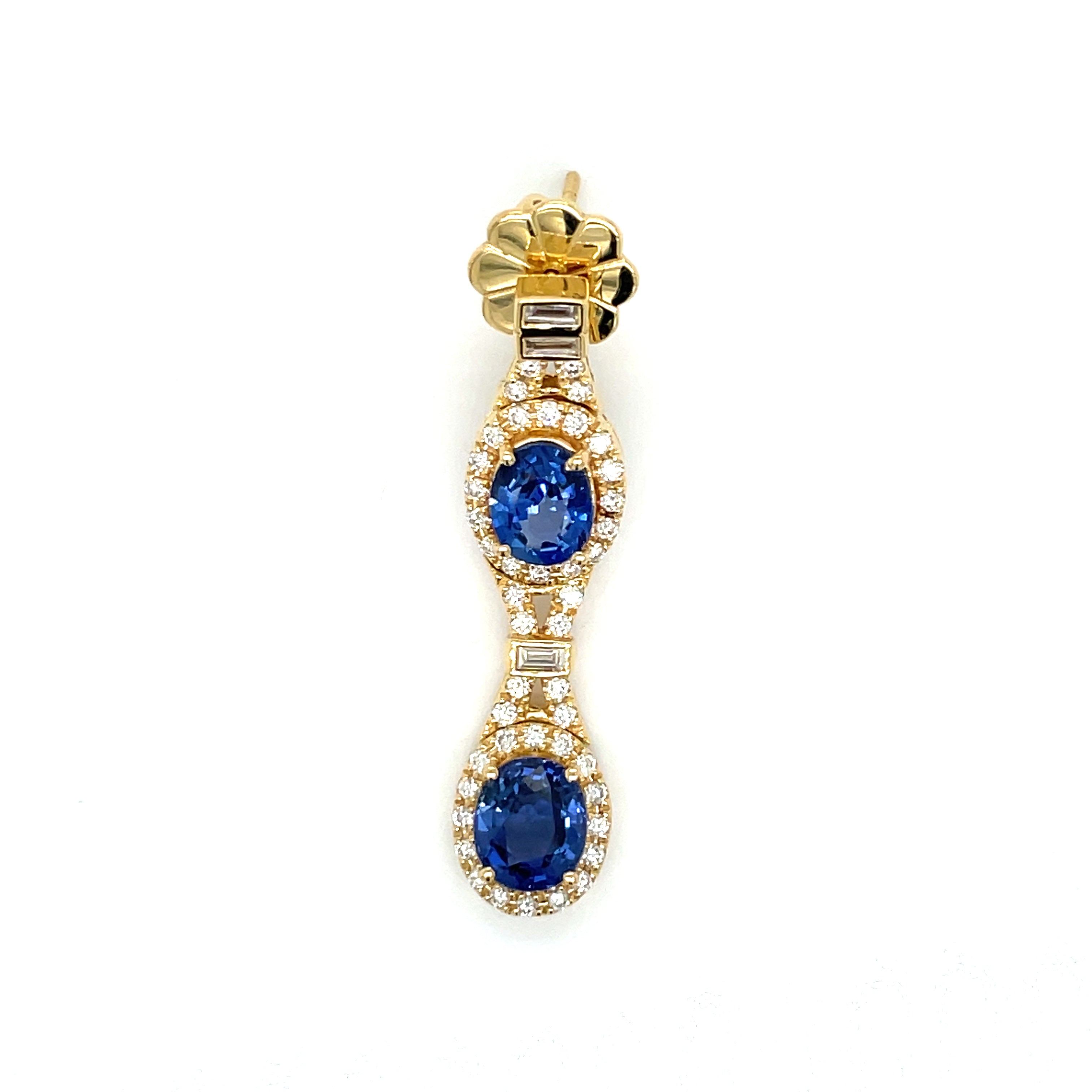 Beverley K Dangle Earrings, Round/Baguette Diamond 2.37 cttw, 4 Oval Sapphire 5.60 cttw, 14K Yellow Gold 9.32