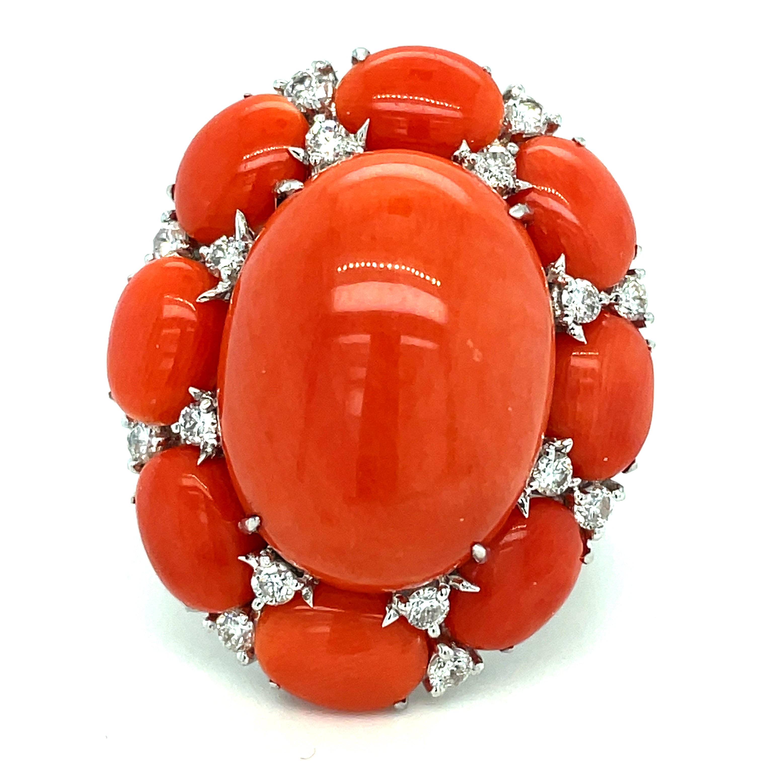 Estate Designer Ring, Round Diamond 1.25ct  G-I SI1-SI2, 9 Coral Oval 25.02ct, 18K White Gold 20.76g