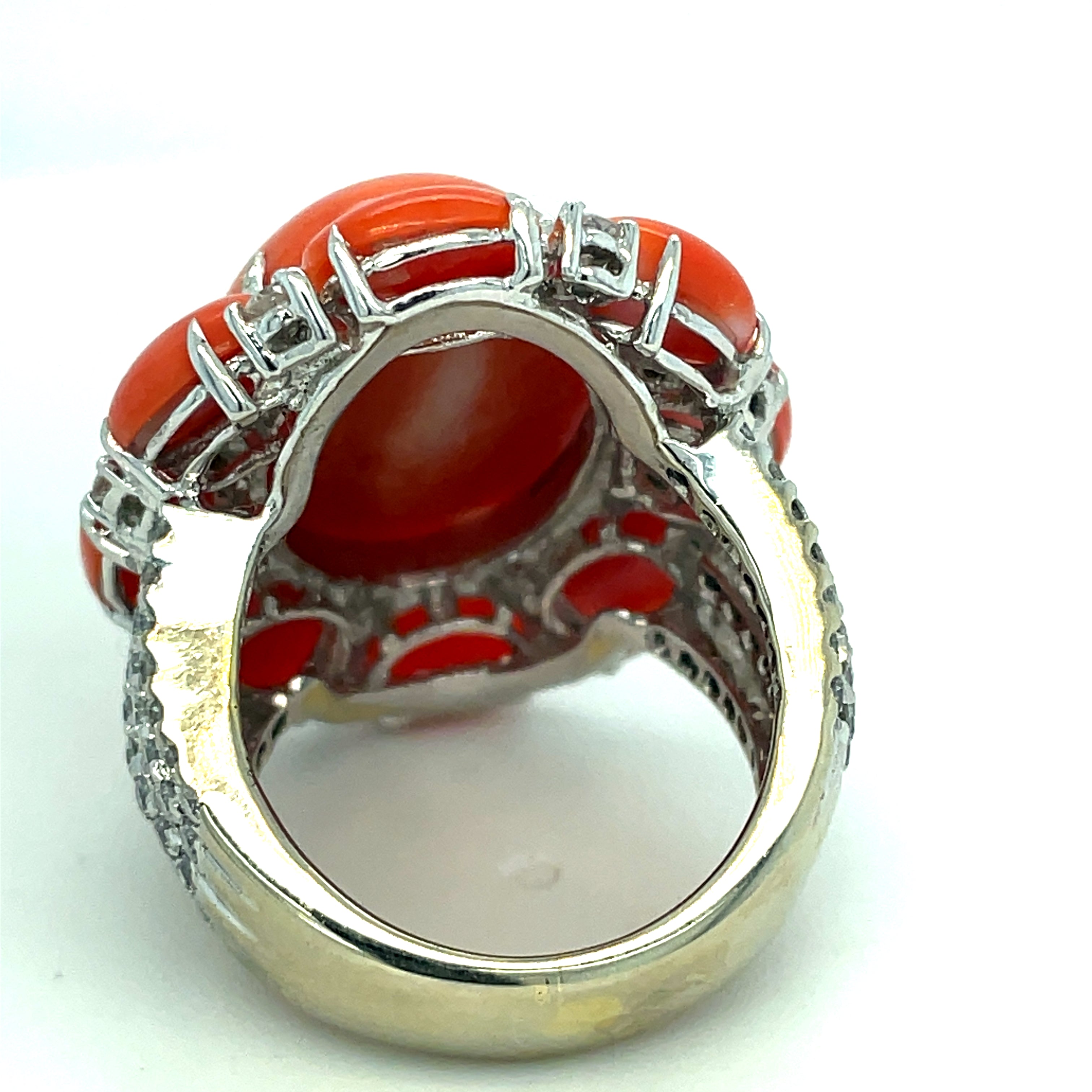 Estate Designer Ring, Round Diamond 1.25ct  G-I SI1-SI2, 9 Coral Oval 25.02ct, 18K White Gold 20.76g