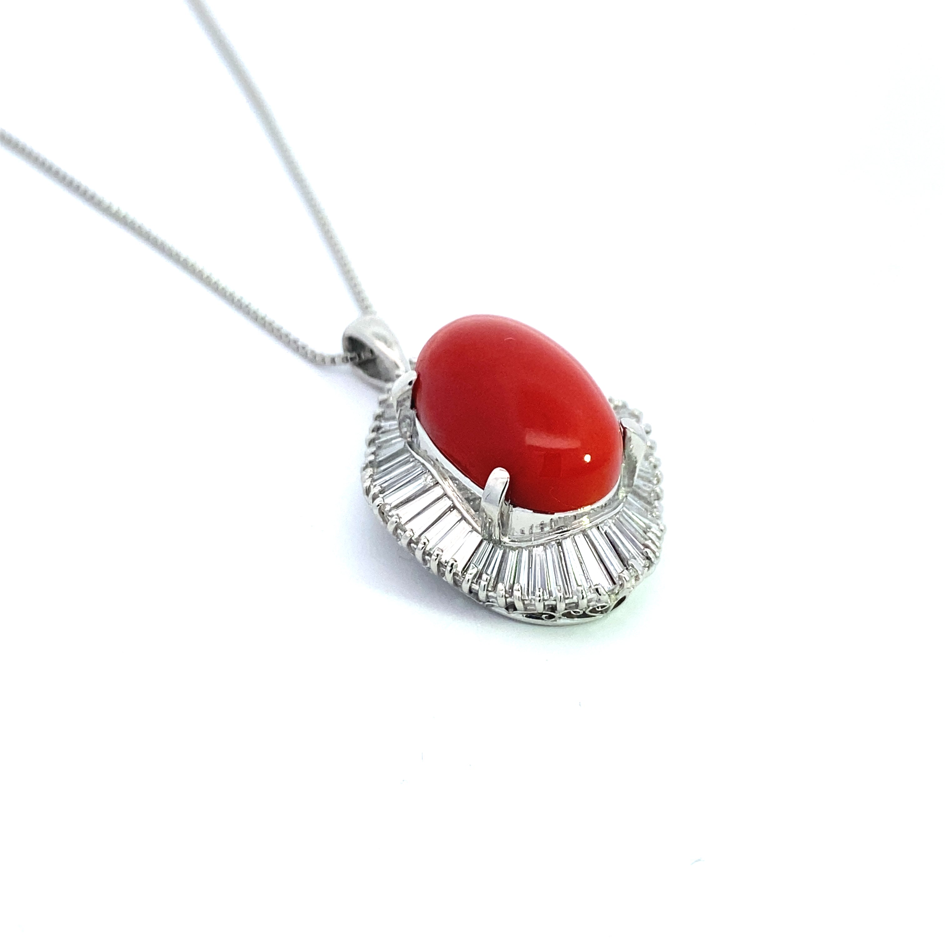 Estate Necklace, Baguette Diamond 1.97ct  G-H VS2-SI1, Oval Cabochon Coral 18mm x 12mm, Platinum 15.10g