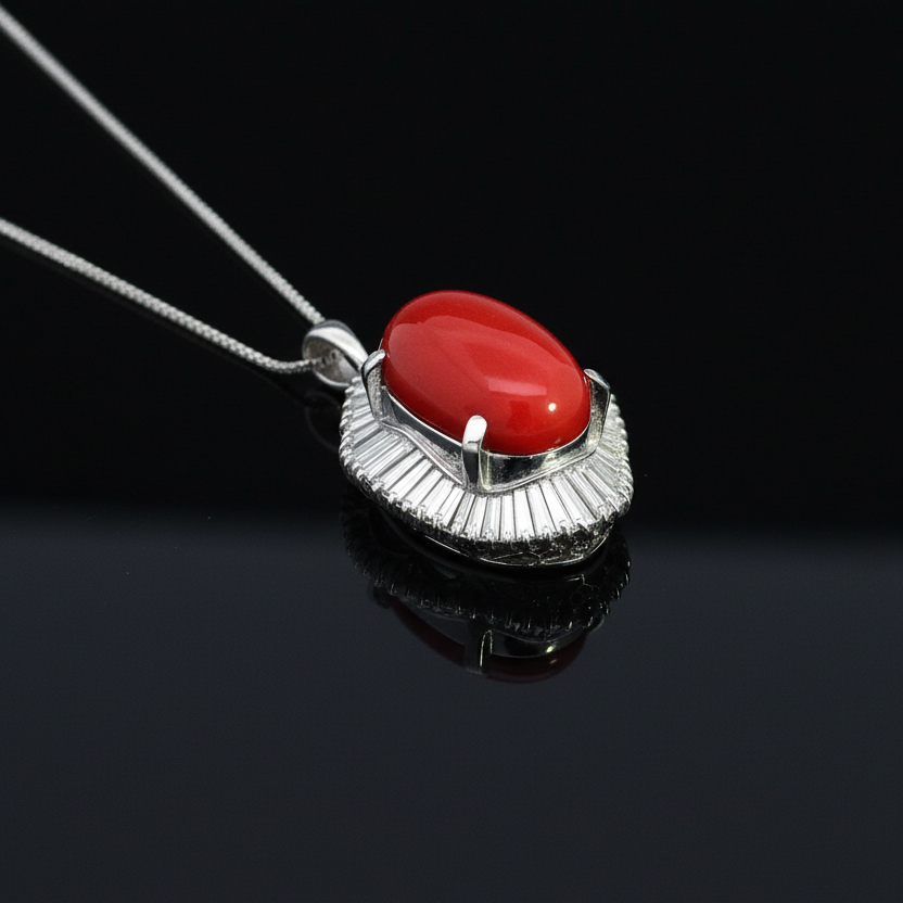 Estate Necklace, Baguette Diamond 1.97ct  G-H VS2-SI1, Oval Cabochon Coral 18mm x 12mm, Platinum 15.10g