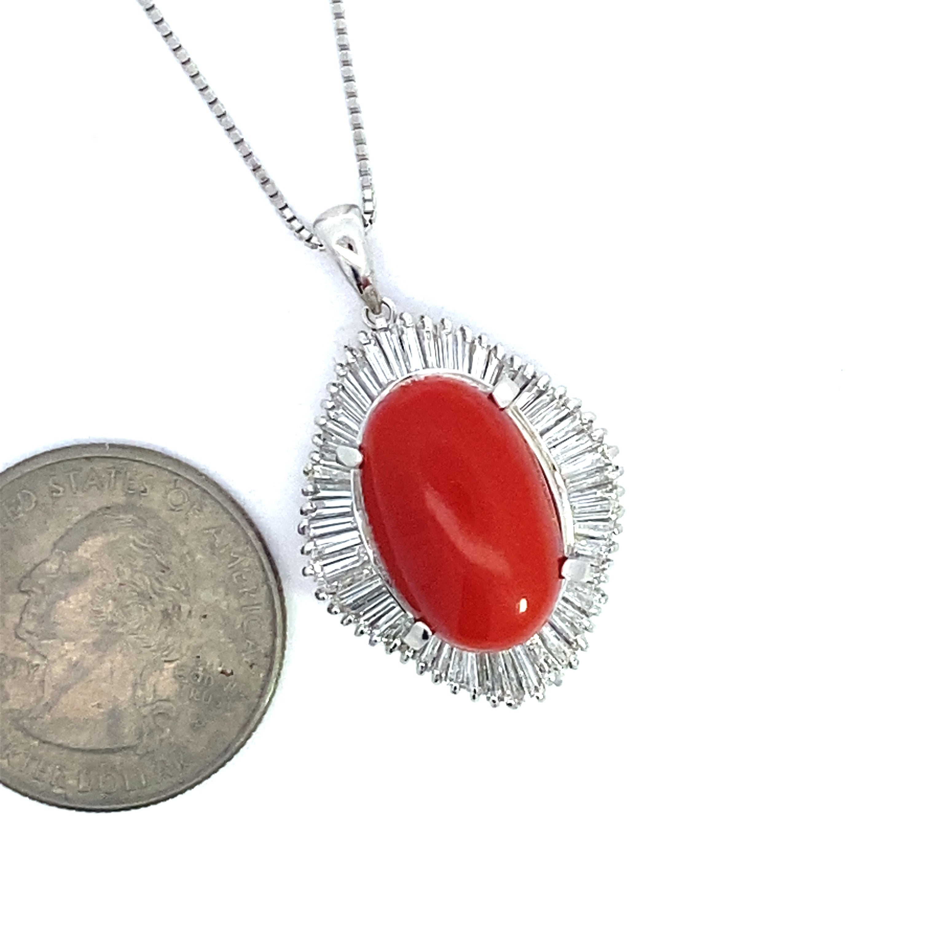 Estate Necklace, Baguette Diamond 1.97ct  G-H VS2-SI1, Oval Cabochon Coral 18mm x 12mm, Platinum 15.10g
