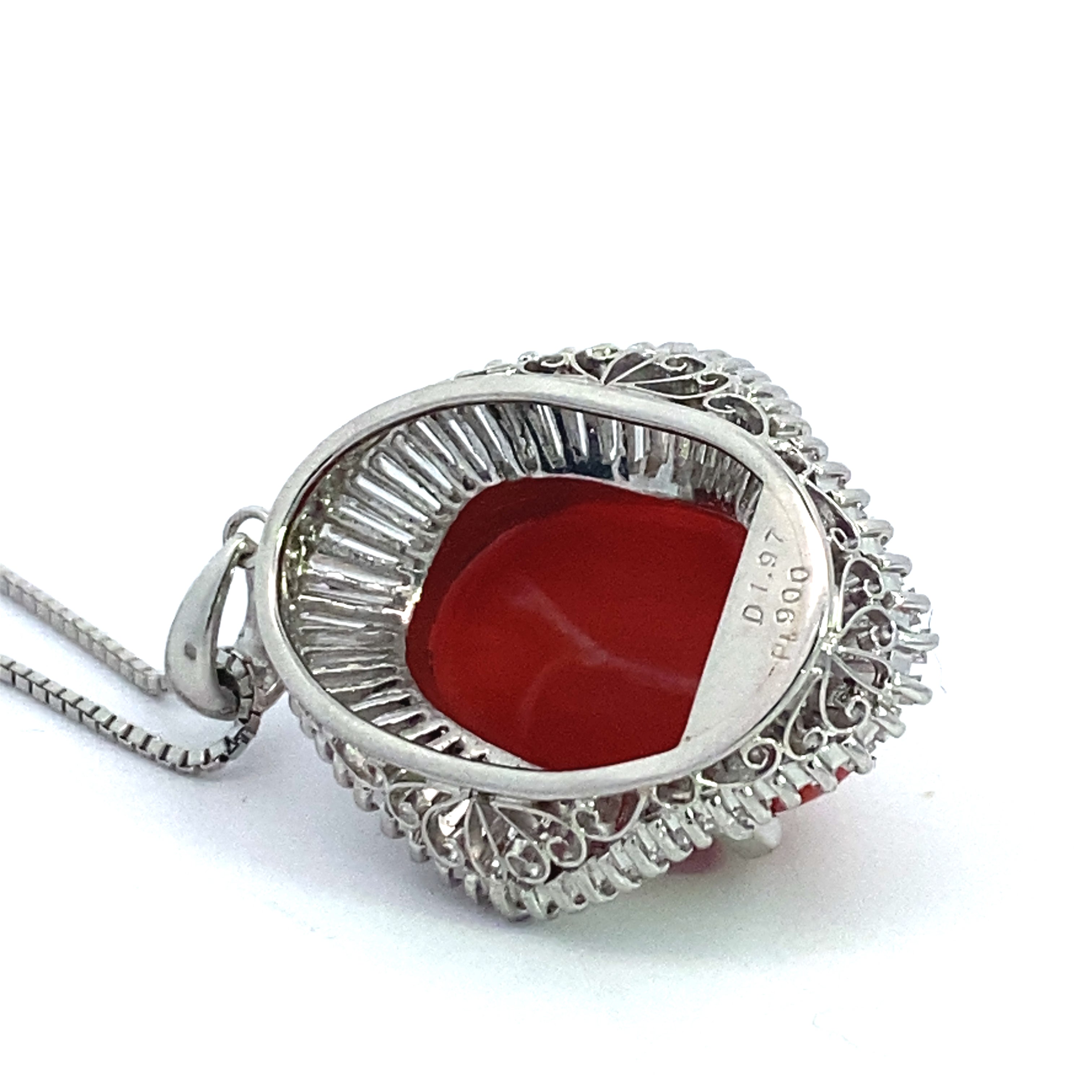 Estate Necklace, Baguette Diamond 1.97ct  G-H VS2-SI1, Oval Cabochon Coral 18mm x 12mm, Platinum 15.10g