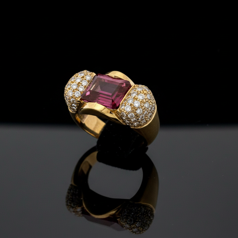 Estate Ring, Round Diamond 1.50 cttw  G-H VS1-VS2, 1 Emerald Cut Tourmaline 2.01ct, 18K Yellow Gold 12.44g