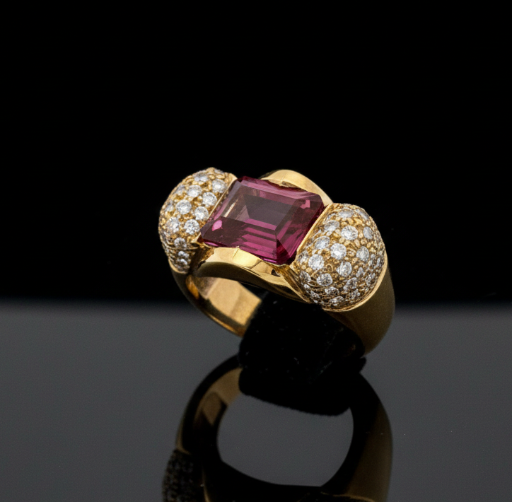 Estate Ring, Round Diamond 1.50 cttw  G-H VS1-VS2, 1 Emerald Cut Tourmaline 2.01ct, 18K Yellow Gold 12.44g