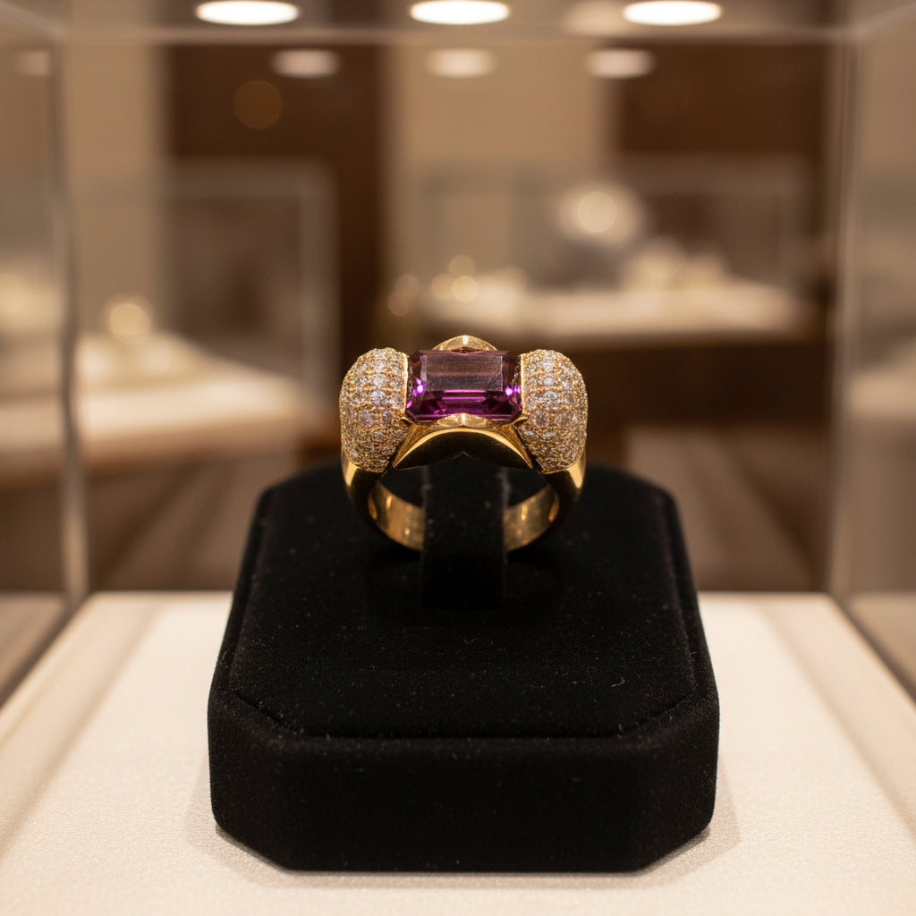 Estate Ring, Round Diamond 1.50 cttw  G-H VS1-VS2, 1 Emerald Cut Tourmaline 2.01ct, 18K Yellow Gold 12.44g