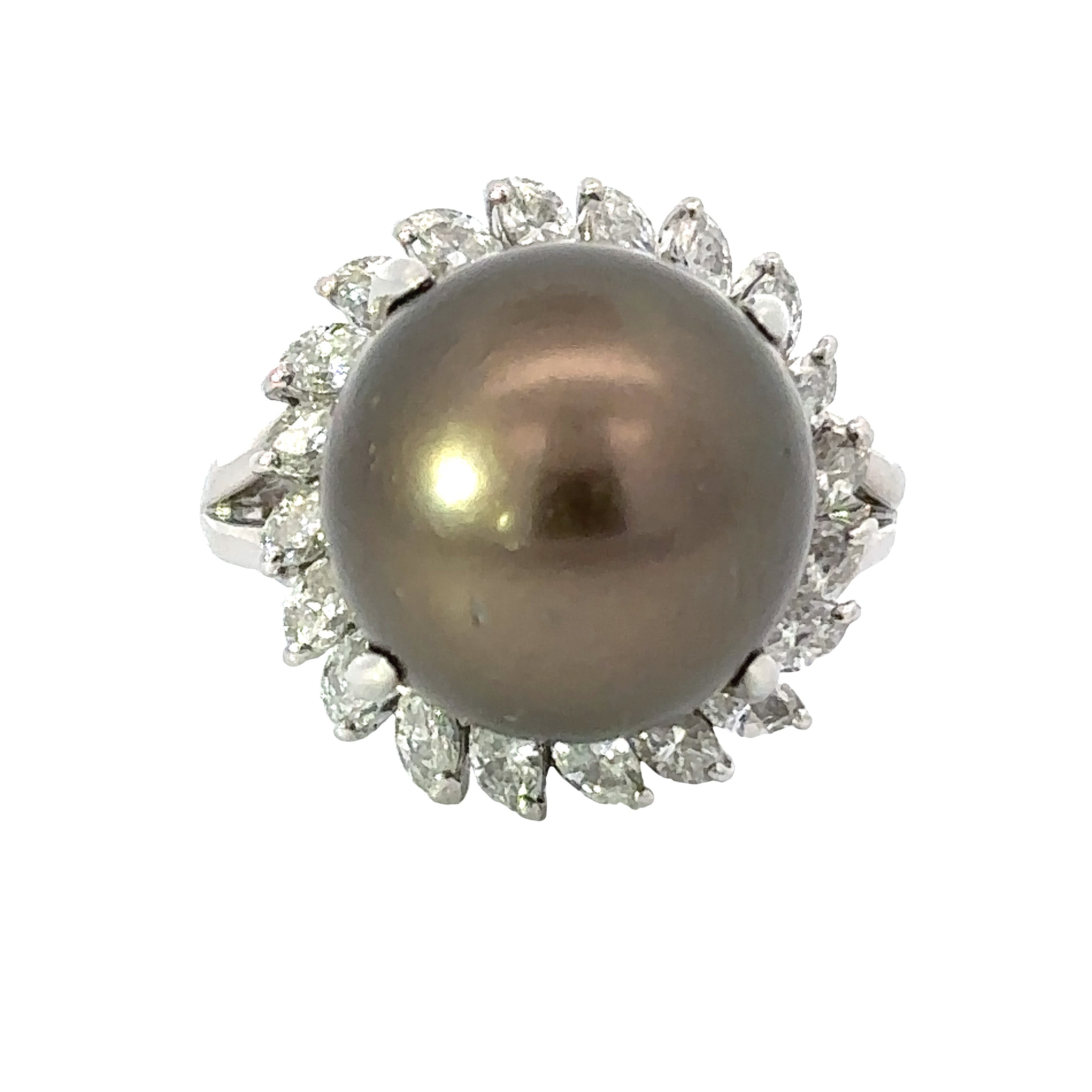 Estate Ring, Marquise Diamond 1.86ct H-I SI1-SI2, Round Tahitian Pearl 16.7 mm, Platinum 23.18g