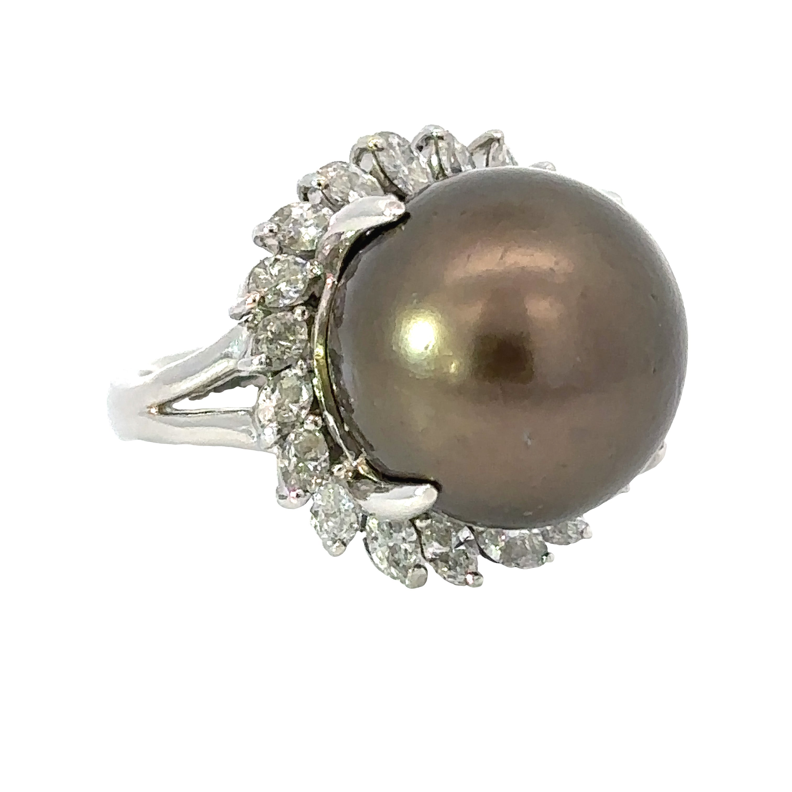 Estate Ring, Marquise Diamond 1.86ct H-I SI1-SI2, Round Tahitian Pearl 16.7 mm, Platinum 23.18g