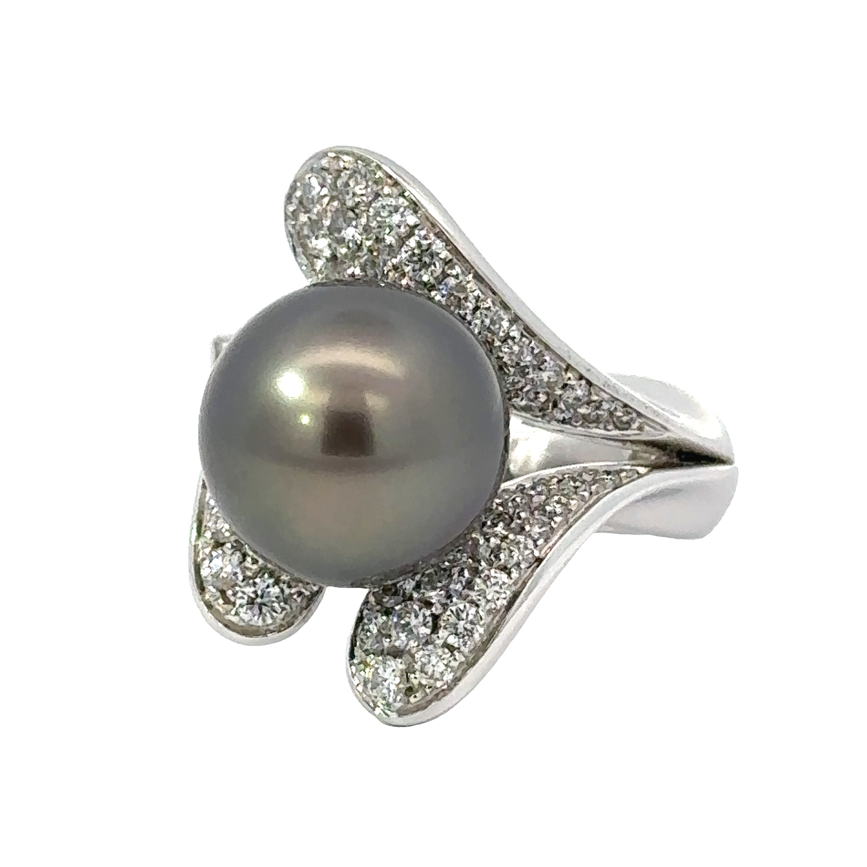 Designer Schoeffel Ring, Round Diamond 1.20 cttw G-H VS2-SI1, 1 Tahitian Pearl, 18K White/Yellow Gold 11.00g