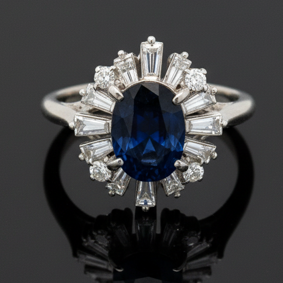 Estate Halo Ring, 1 Oval Sapphire 1.40 ct, 16 Round Diamond 0.73 cttw H-I SI1-SI2, Platinum 5.30g