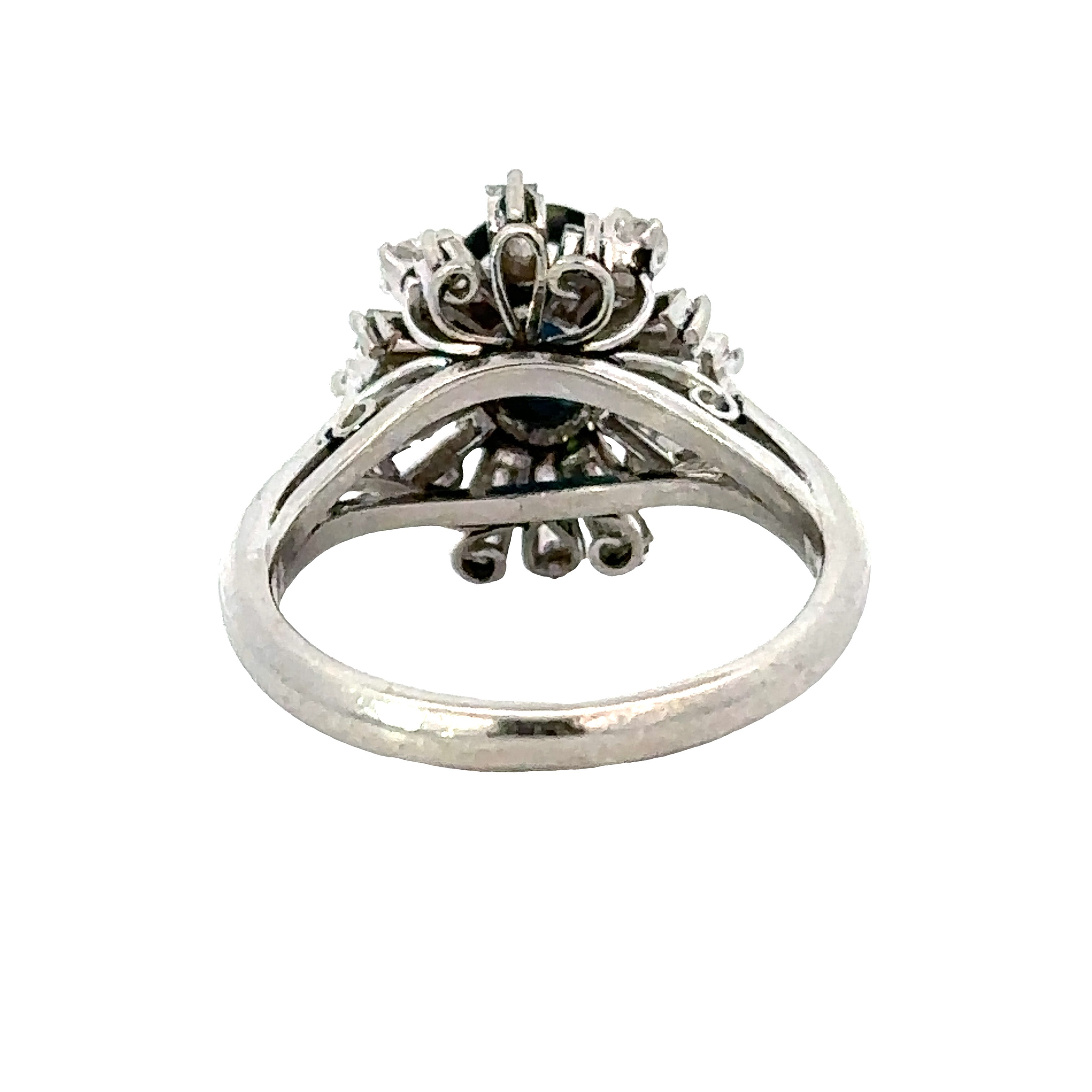 Estate Halo Ring, 1 Oval Sapphire 1.40 ct, 16 Round Diamond 0.73 cttw H-I SI1-SI2, Platinum 5.30g