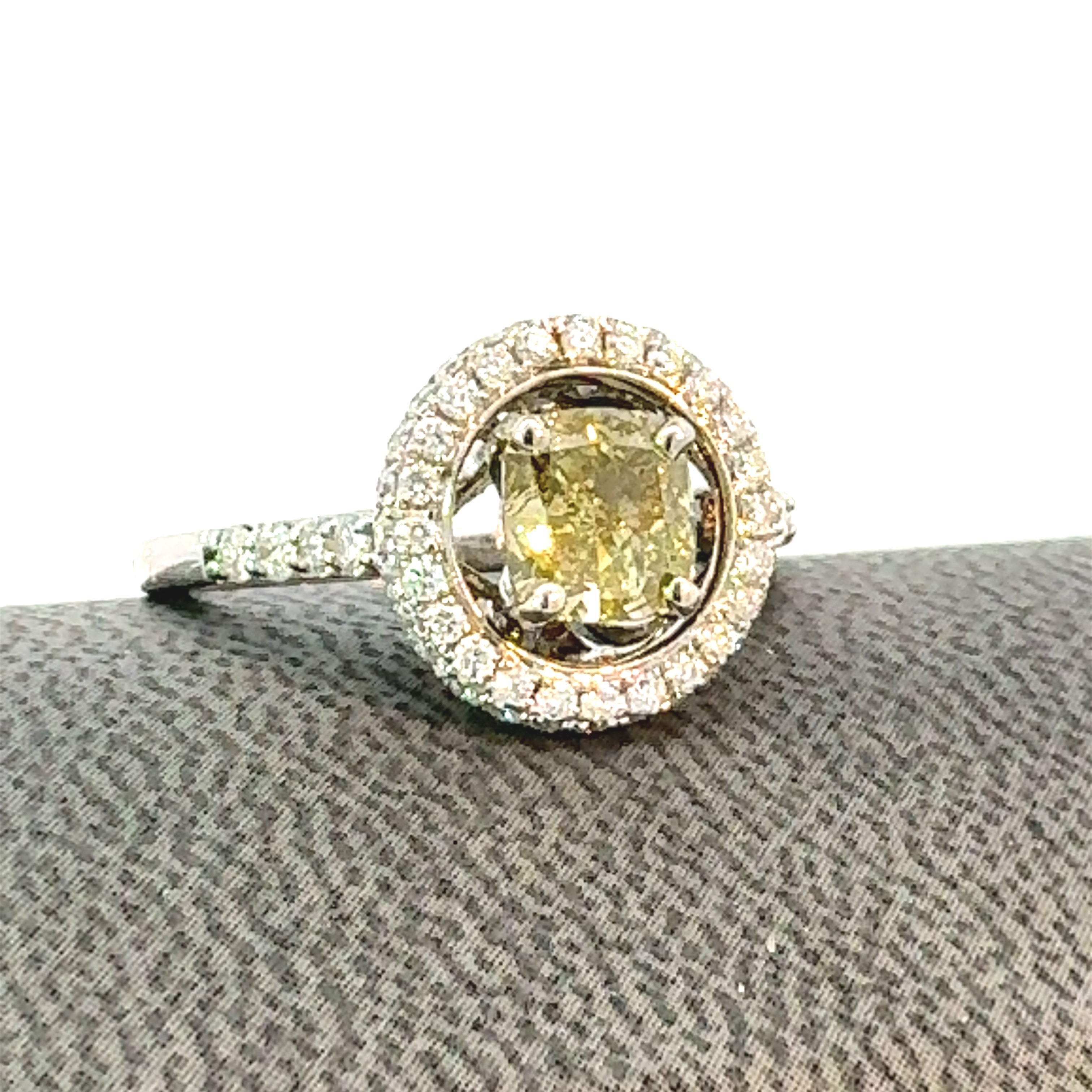 Estate Ring, 1 Cushion Modified Diamond 1.31ct  GIA #5181574027 Fancy Brown Greenish-Yellow I1 (clarity not on cert), Round Diamond 0.75ct  H-I I1-I2, 14K White Gold 4.90g