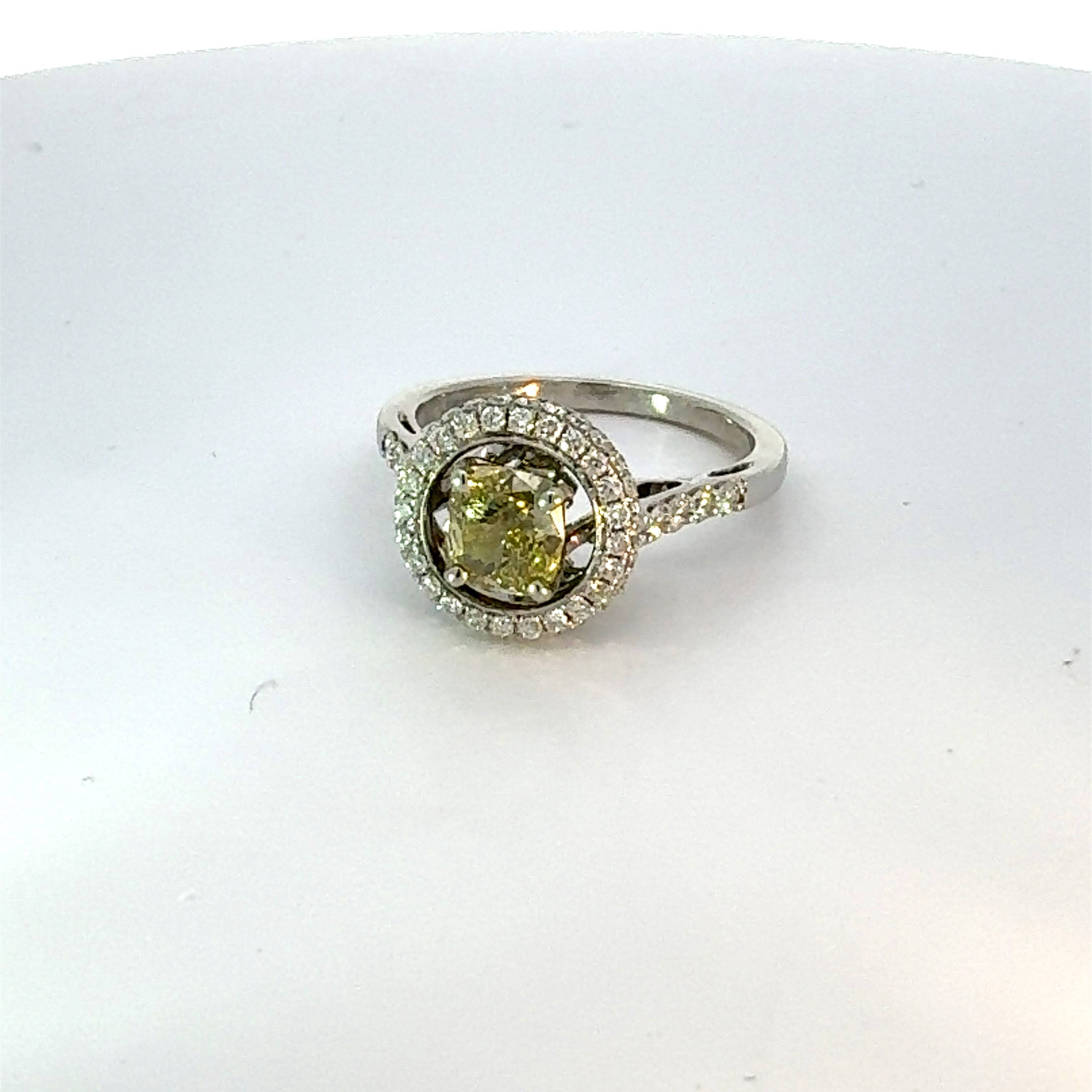 Estate Ring, 1 Cushion Modified Diamond 1.31ct  GIA #5181574027 Fancy Brown Greenish-Yellow I1 (clarity not on cert), Round Diamond 0.75ct  H-I I1-I2, 14K White Gold 4.90g