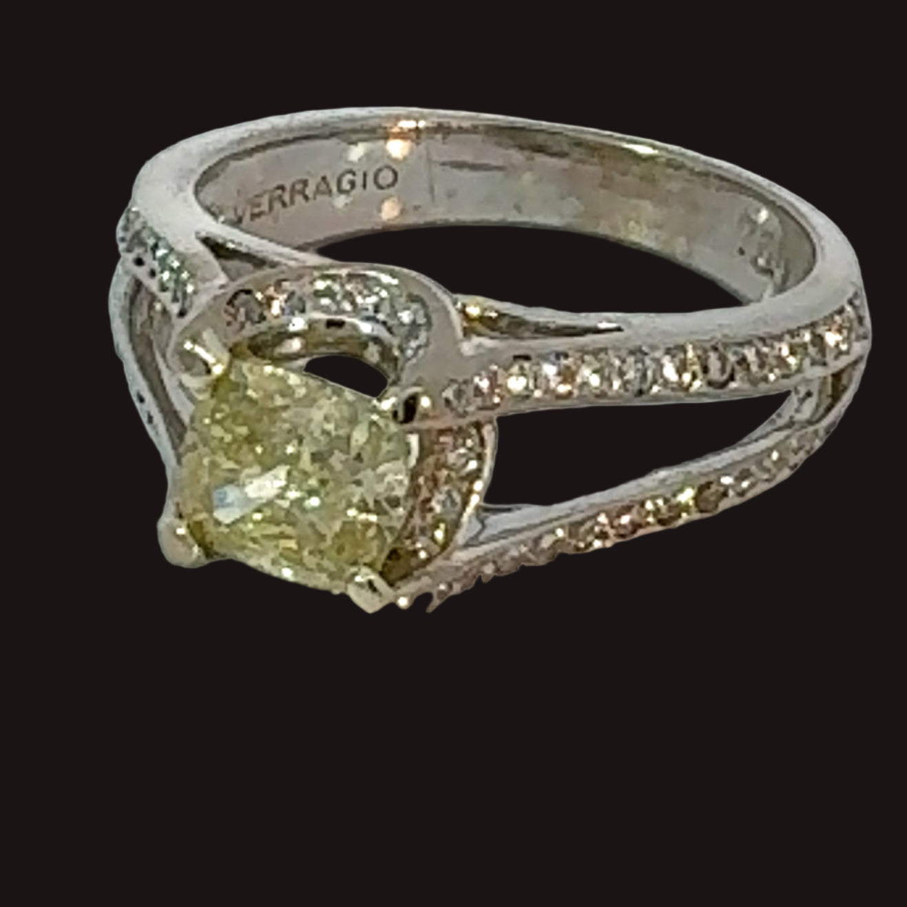 Estate - Verragio Ring, 1 Cushion Modified Diamond 1.21ct  GIA #5182572287 Fancy Light Yellow I1 (clarity not on cert), Round Diamond 0.33 cttw G-H VS1-VS2, 18K White Gold 6.09g (Original Cert)
