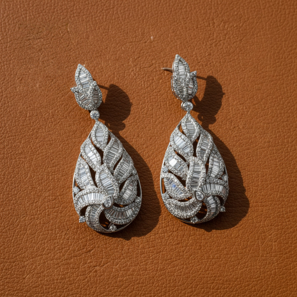 Designer  Earrings Mixed Cut RBC, Baguette, Pear Diamond 17.35 ct  G-H VS1-SI1 18K White Gold 39.92g
