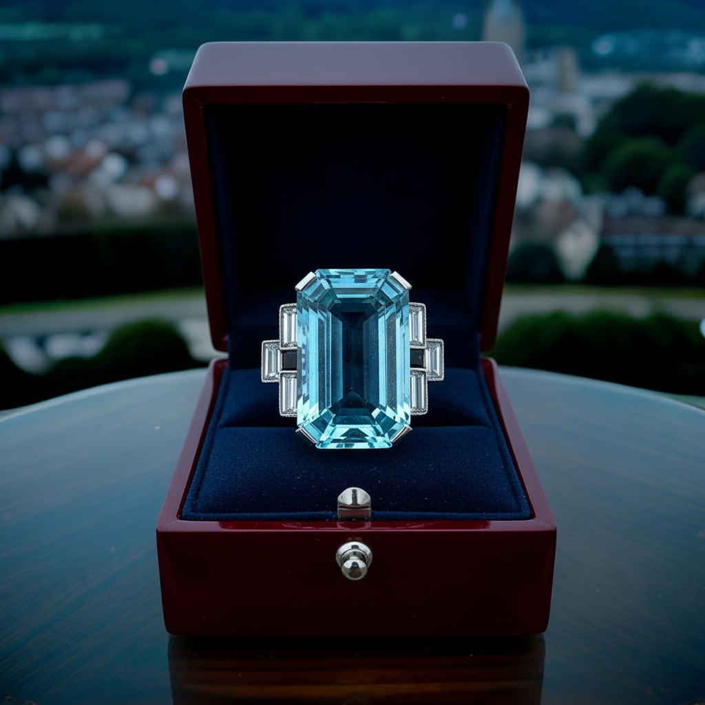 Estate Ring,  Aquamarine Cushion Modified 26.00 ct, 6 Baguette Cut Diamond 1.51 ct  G-H VS1-SI1,1  Platinum White Gold 13.08g