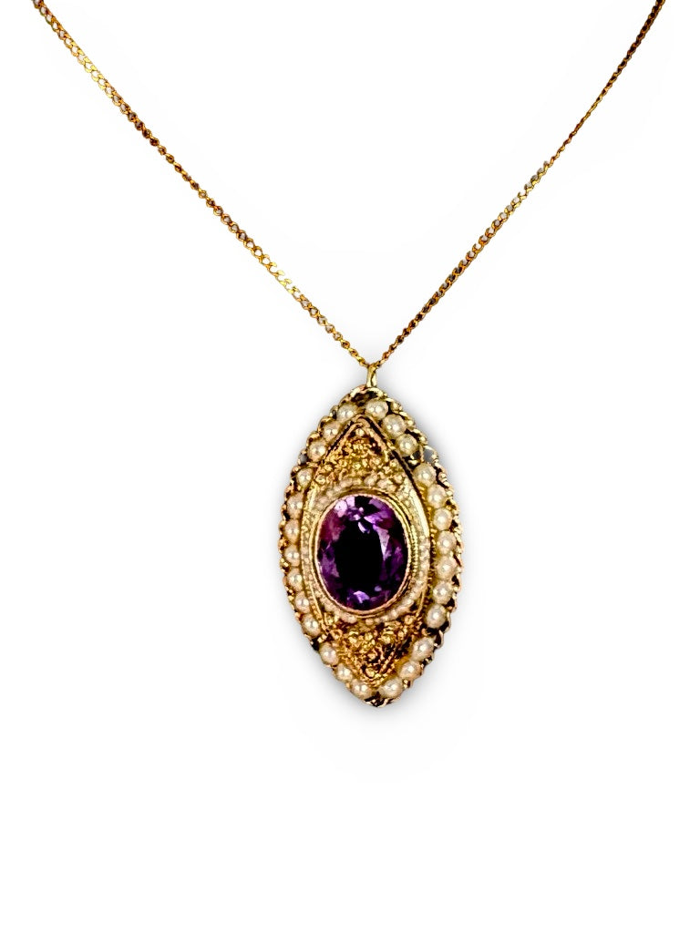 Estate Necklace,1 Amethyst Oval 3.08 ct , Seed Pearls 14K Yellow Gold 10.60g