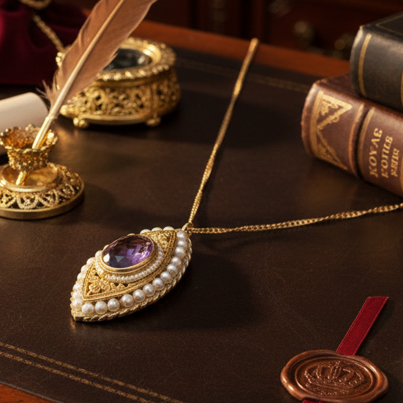 Estate Necklace,1 Amethyst Oval 3.08 ct , Seed Pearls 14K Yellow Gold 10.60g