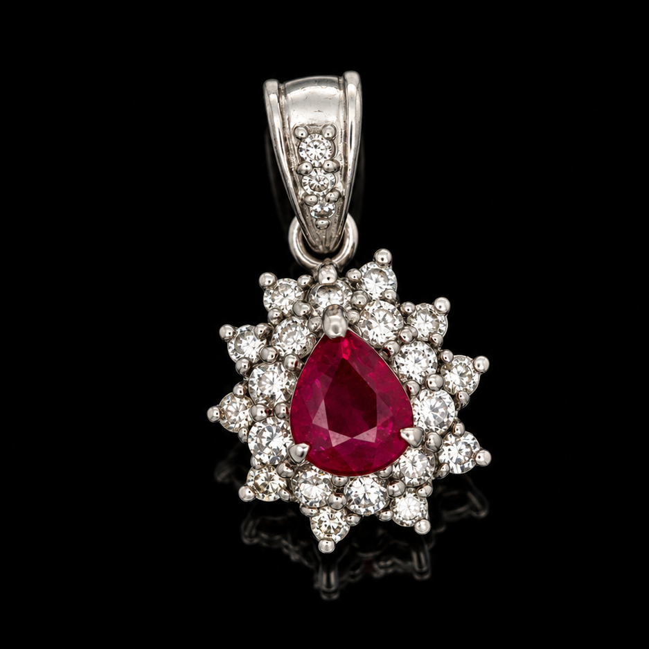 Estate Pendant, Round Brilliant Cut Diamond 0.71 cttw  G-H VS1-SI1,1 Ruby Pear Shape 1.00 ct  Platinum 3.69g. All Weights Estimated.