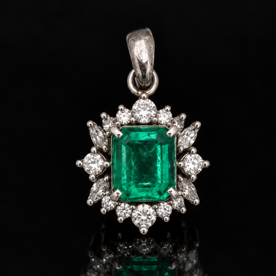Estate Pendant, Mixed Cut Diamond 0.45 cttw  G-H VS1-SI1,1 Emerald Emerald Cut 1.05 ct  Platinum 2.64g. All Weights Estimated.