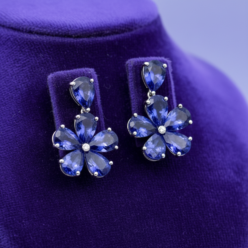 Estate Earrings, 2 Round Brilliant Cut Diamond 0.04 ct  G-H SI1,12 Tanzanite Pear Shape 16.32 ct  18K White Gold 8.72g