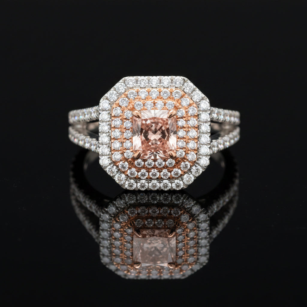 Estate Ring, 1 Radiant Cut Diamond 0.86 ct  Fancy Pink I1 GIA #6202759126, 42 Round Diamond 0.22 cttw  Fancy Pink VS2-SI1, 50 Round Diamond 0.65 cttw  G-H VS2-SI1 Platinum/18K Rose Gold 8.91g. All Weights Estimated.