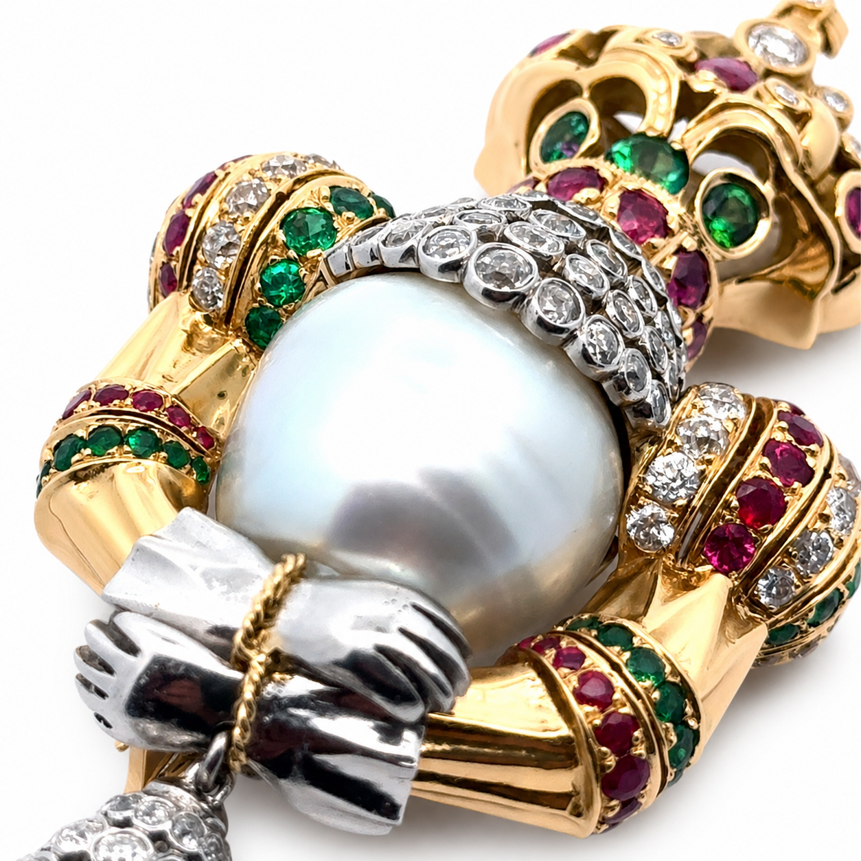  Brooch/Pendant, Old European Cut Diamond 5.50 cttw , Emerald Round 2.00 cttw , Burma Ruby Round, Marquise Cut 3.00 cttw, 2 South Sea Pearl White 18K White/Yellow Gold 57.60g. All Weights Estimated.