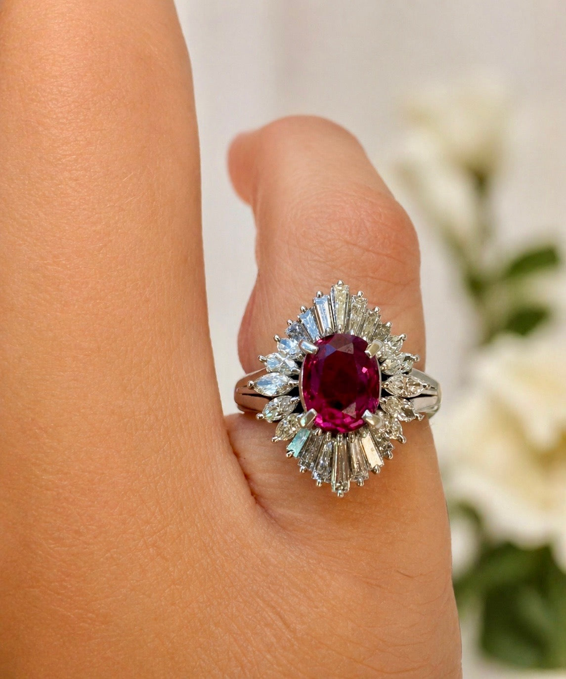 Estate Ring, 24 Mixed Cut Diamonds 0.70cttw H-I SI1-SI2, 1 Ruby Oval 0.95ct, Platinum 7.93g. All Weights Estimated.
