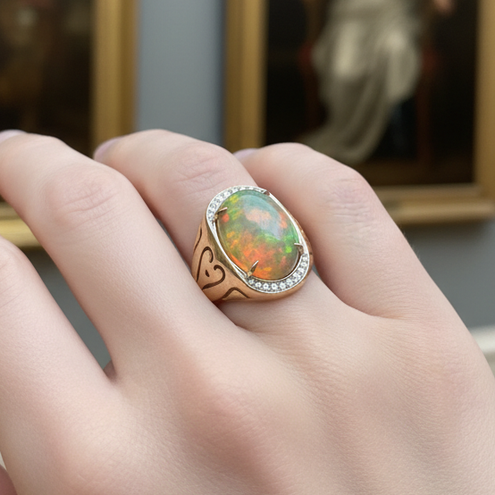 Spark Creations Ring, Round Brilliant Cut Diamond 0.17 cttw  F VS1,1 Ethiopian Opal Cabochon 8.36 ct  18K Yellow/White Gold 14.63g. All weights estimated.