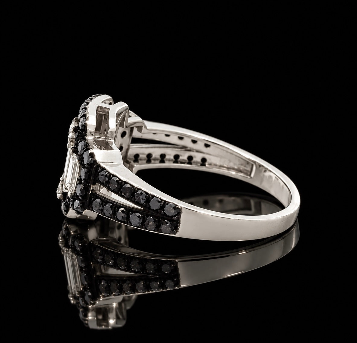 Estate Ring, Mixed Cut Diamond 0.71 cttw  G-H VS1-SI1, Round Fancy Color Diamond 0.74 cttw  BLK 18K White Gold 4.47g. All Weights Estimated.