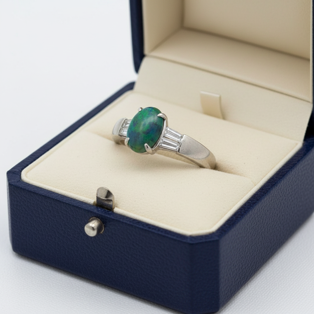 Estate Ring, 4 Baguette Cut Diamond 0.38 ct  H-I VS1-VS2,1 Black Opal Cabochon 1.30 ct  BLACK Platinum 7.17g