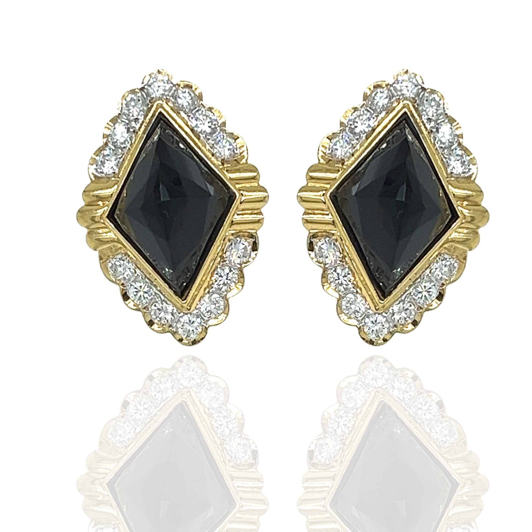 Custom Designer Earrings, 2 Sugar Loaf Cut Onyx 11.00 cttw, 28 Round Diamond 2.50 cttw  G-H VS2-SI1, 18K Yellow Gold 25.00g