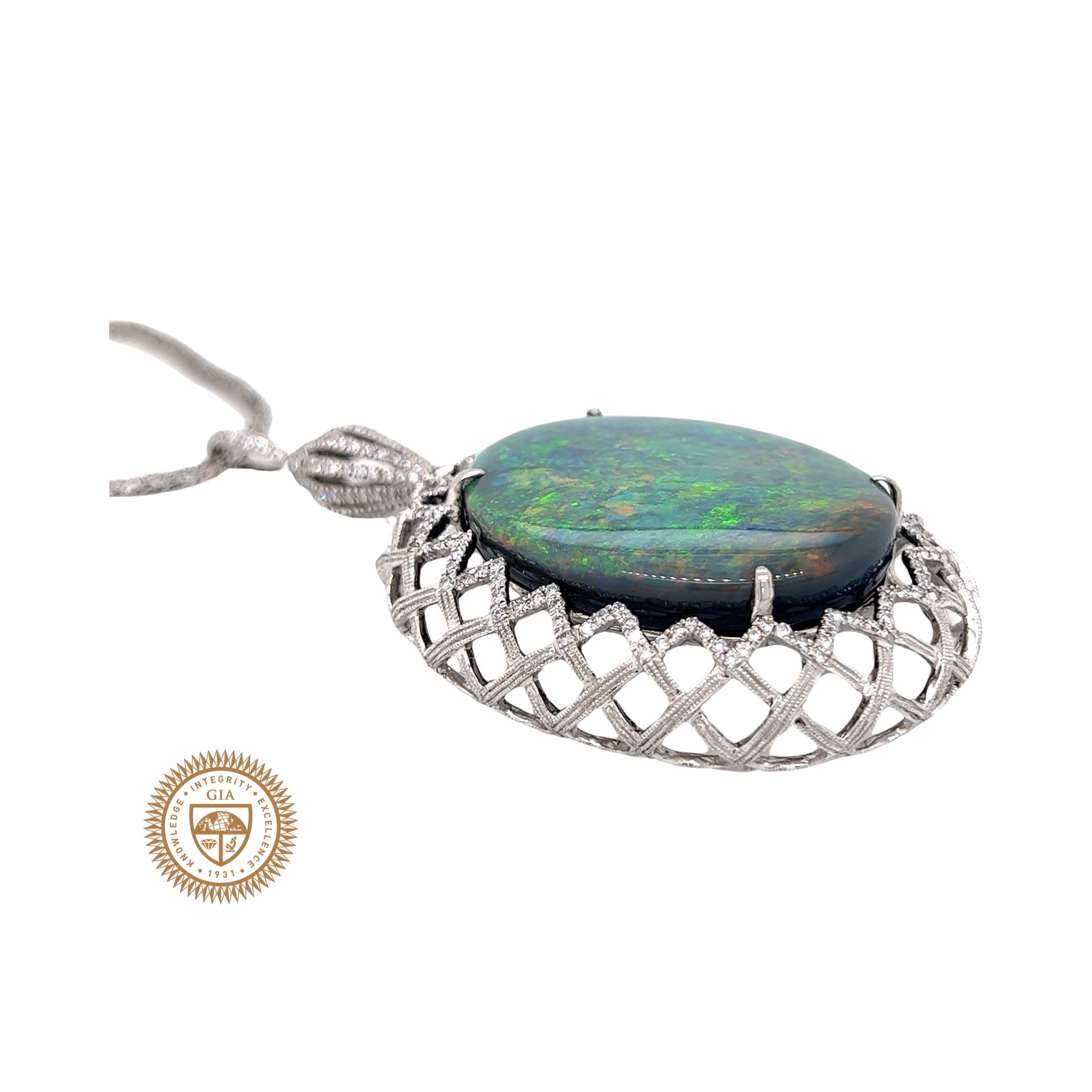 Estate Necklace, 1 Oval Black Opal 54.80ct  GIA #5221311323, Round Diamond 1.50ct  G-H VS1-VS2, Platinum/18K White Gold 37.83g