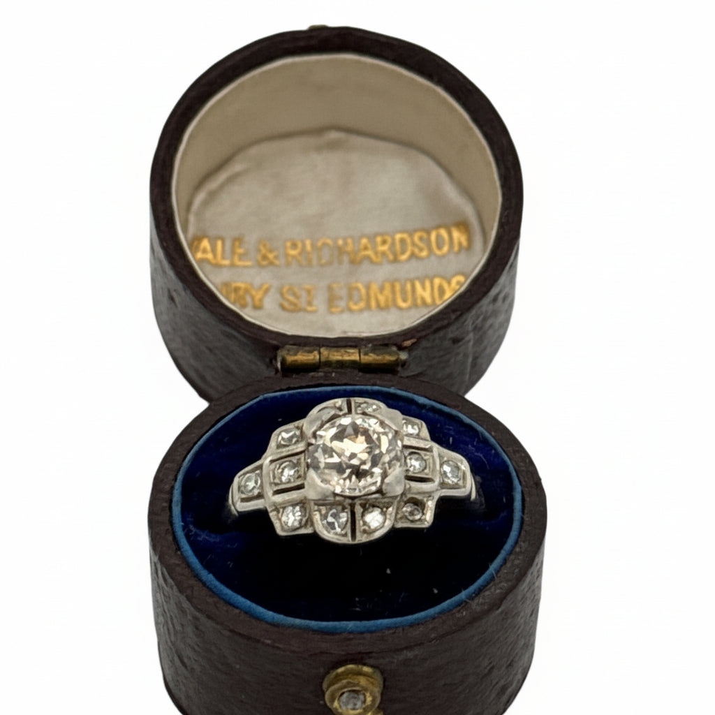 Estate Ring, 1 Old European Cut Diamond 0.85ct M SI1, 12 Single Cut Diamonds 0.12cttw H-I SI1-SI2, Platinum/14K Yellow Gold 2.40g, All Weights Estimated.