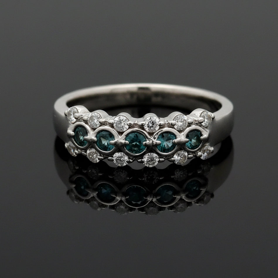 Estate Ring, 10 Round Brilliant Cut Diamond 0.26cttw G-H SI1-SI2, 5 Alexandrite Round 0.22cttw Blue-Purple Platinum 6.21g. All Weights Estimated.