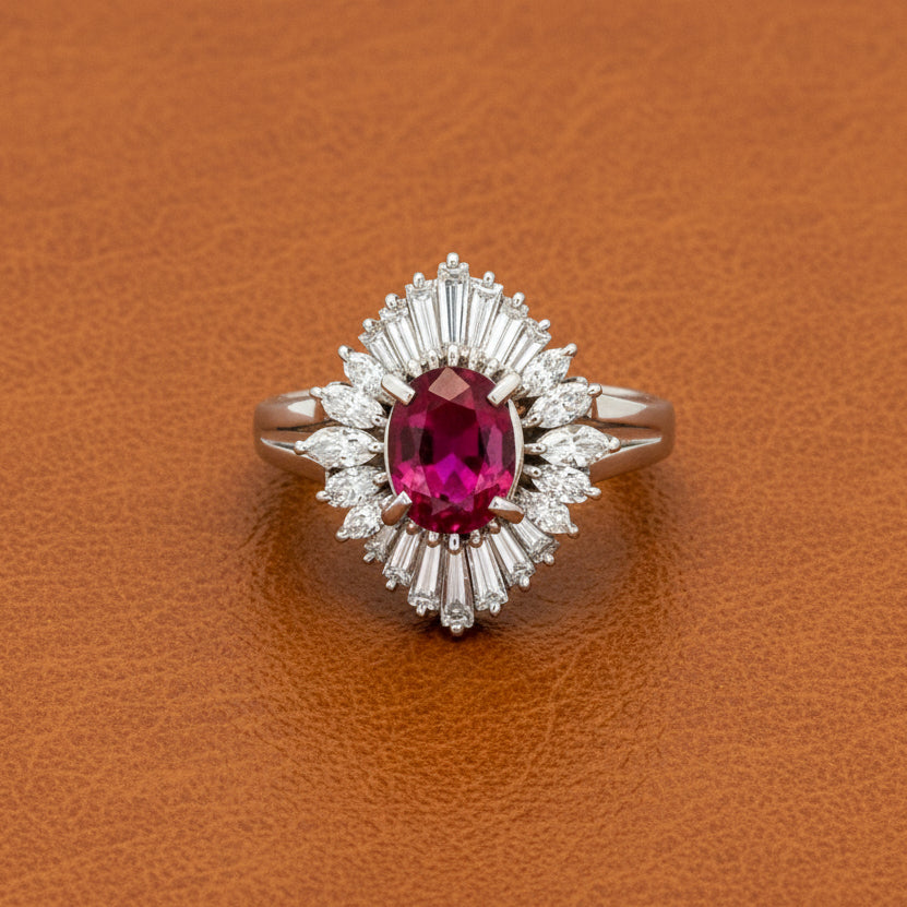 Estate Ring, 24 Mixed Cut Diamonds 0.70cttw H-I SI1-SI2, 1 Ruby Oval 0.95ct, Platinum 7.93g. All Weights Estimated.