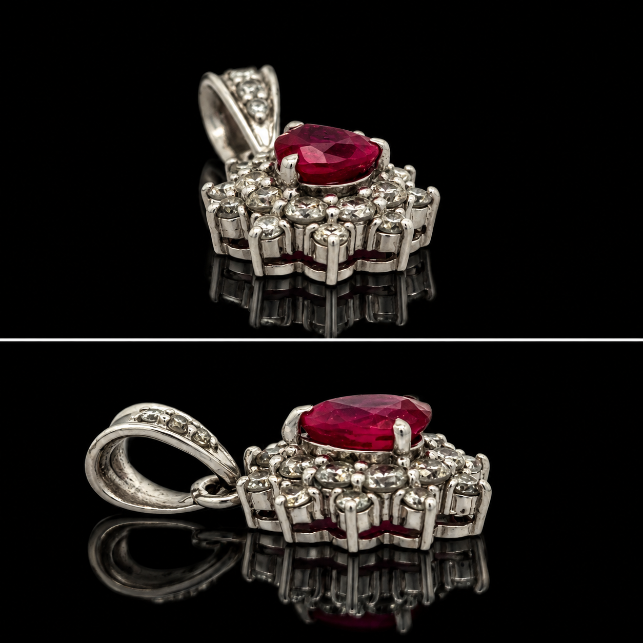 Estate Pendant, Round Brilliant Cut Diamond 0.71 cttw  G-H VS1-SI1,1 Ruby Pear Shape 1.00 ct  Platinum 3.69g. All Weights Estimated.