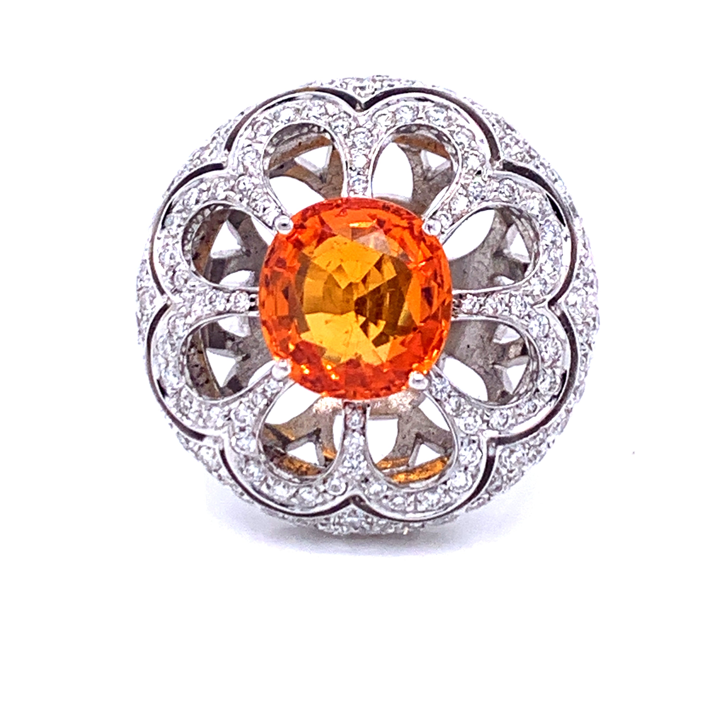 Zydo Ring, 1 Round Orange Sapphire 5.10 cttw, Round Diamond 2.45 cttw, 18K White Gold 16.00g