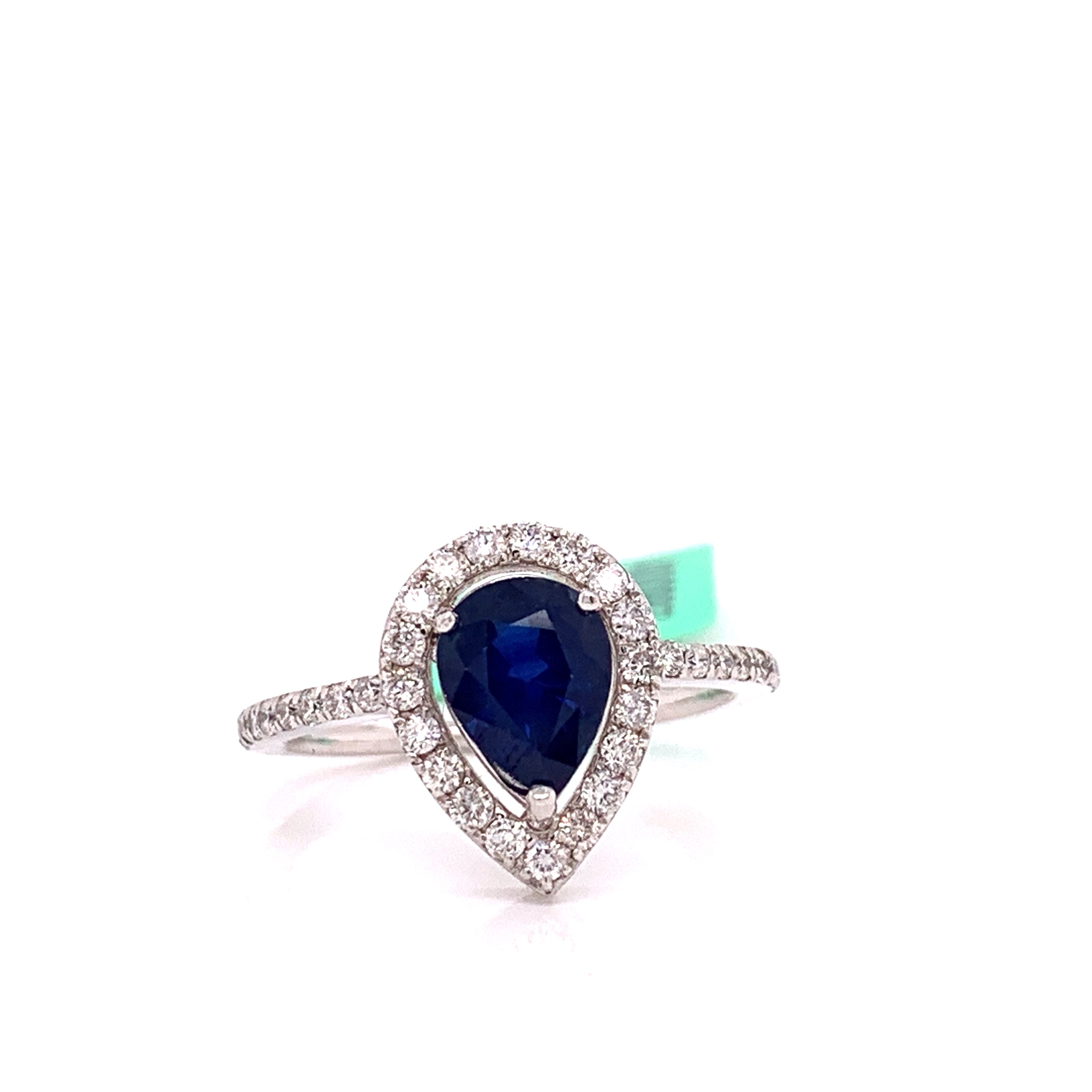Halo Ring, 1 Pear Shape Sapphire 1.65 ct, Round Diamond 0.45 cttw, 14K White Gold 3.80g