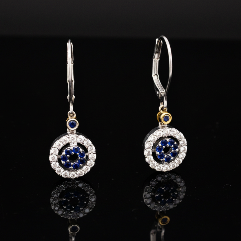 Dangle Earrings, 16 Round Sapphire 0.48 cttw, 32 Round Diamond 0.50 cttw, 14K White/Yellow Gold 