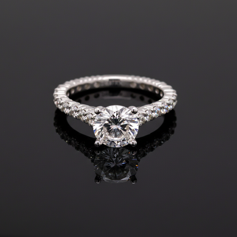 Joshua J Semi Mount Ring, 1 Round Cubic Zirconia 1.25 ct, 24 Round Diamond 0.91 cttw, 18K White Gold 3.90g
