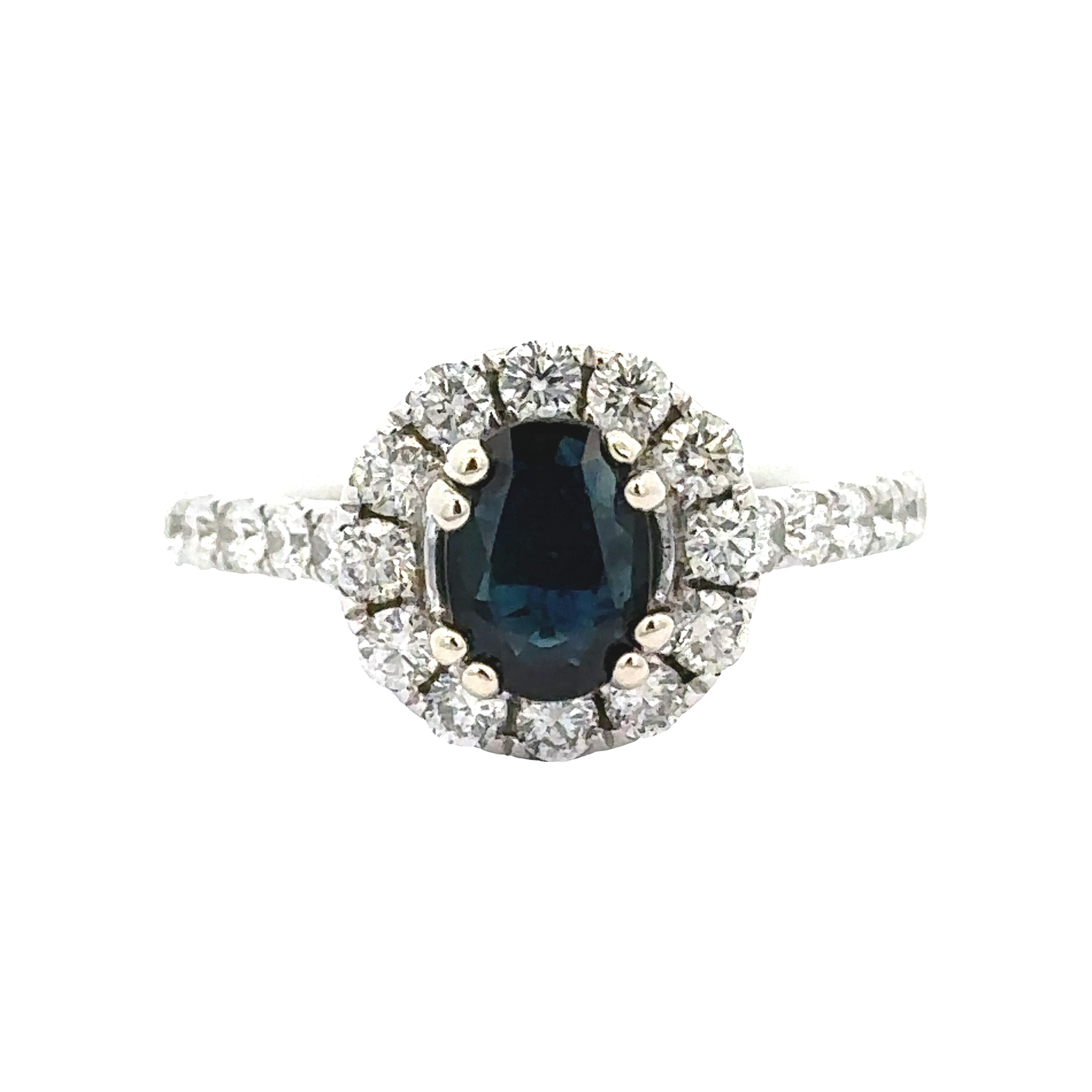 Maya Lianna Ring, 1 Oval Sapphire 0.80 ct, 22 Round Diamond 0.80 cttw  G-H SI1-SI2, 14K White Gold 3.85g