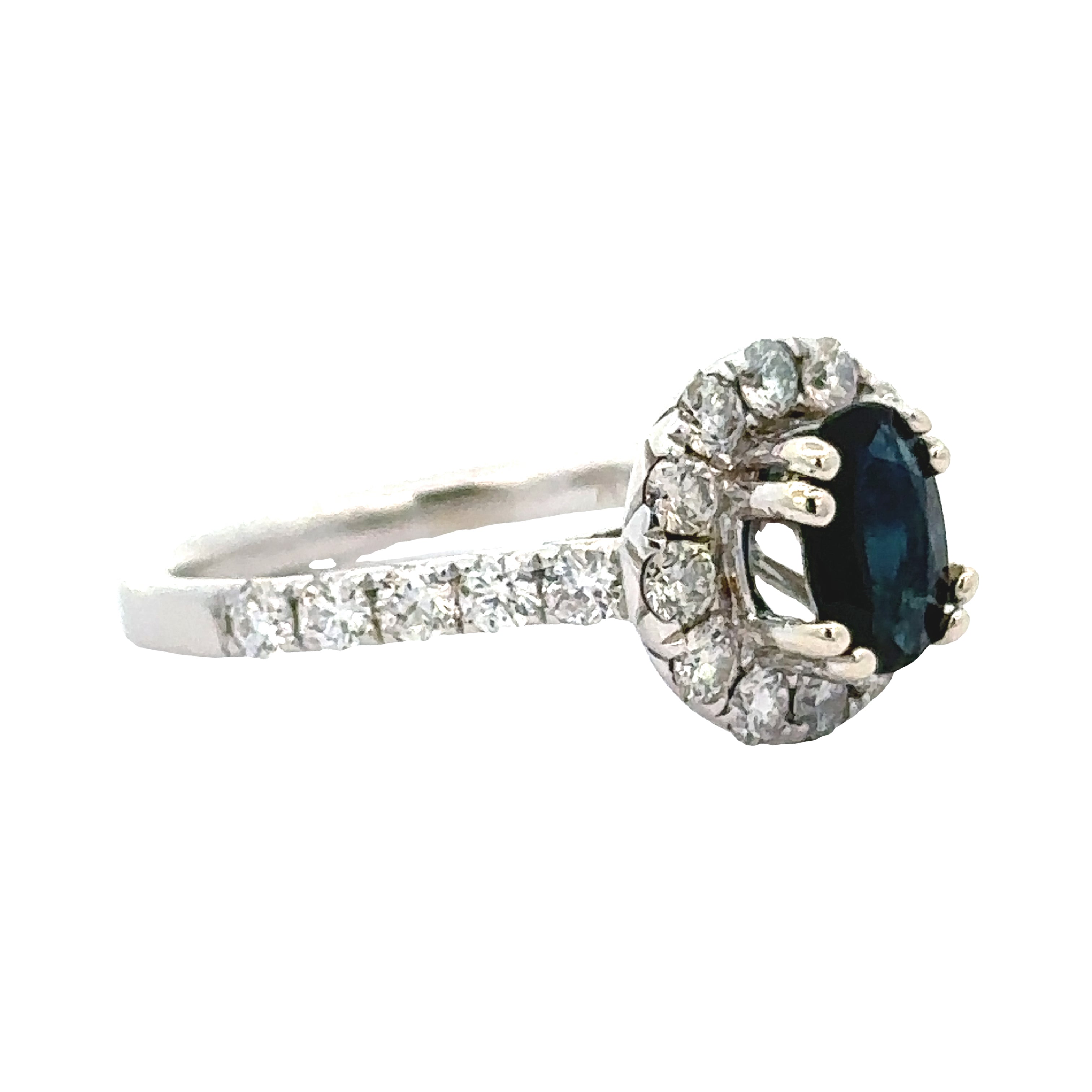 Maya Lianna Ring, 1 Oval Sapphire 0.80 ct, 22 Round Diamond 0.80 cttw  G-H SI1-SI2, 14K White Gold 3.85g