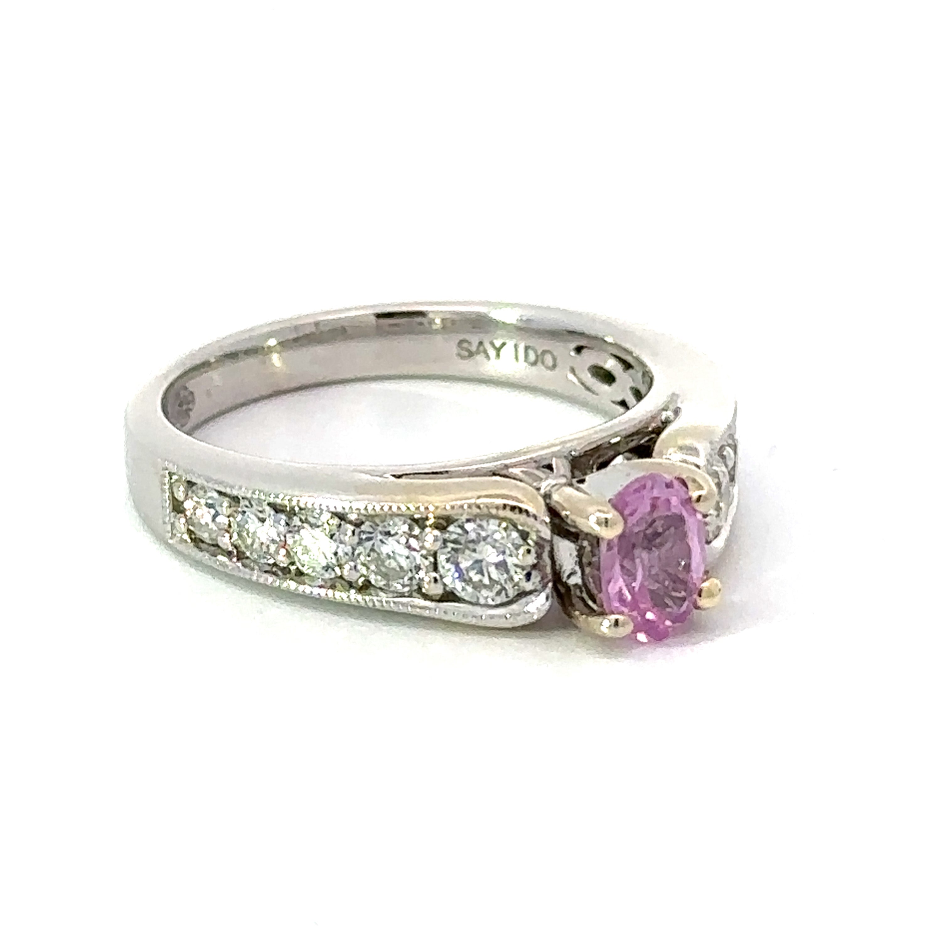  Ring, 1 Oval Pink Tourmaline 0.63 ct, 10 Round Diamond 0.75 cttw  H-I VS2-SI1, 14K White Gold 3.47g